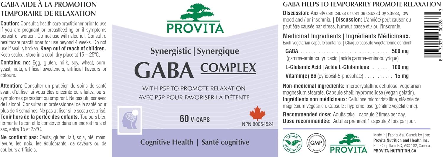 Provita Synergistic GABA Pro™ : Formule végane sans OGM pour une relaxation, un sommeil et une concentration améliorés (60 capsules)