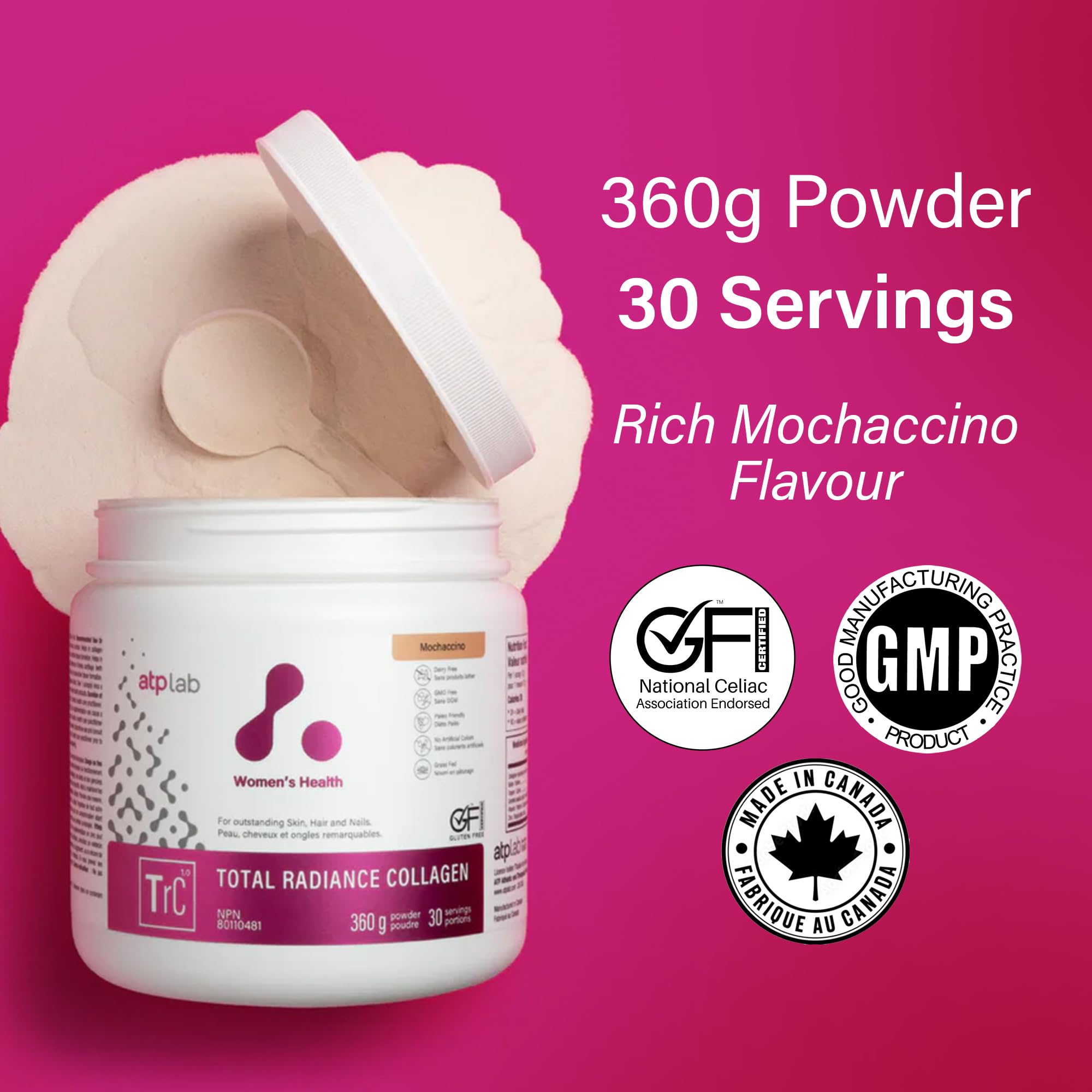 ATP LAB - Total Radiance Collagène 360g - Poudre de protéines de collagène pour femmes - Pour la peau, les cheveux et les ongles - Suppléments de collagène pour femmes