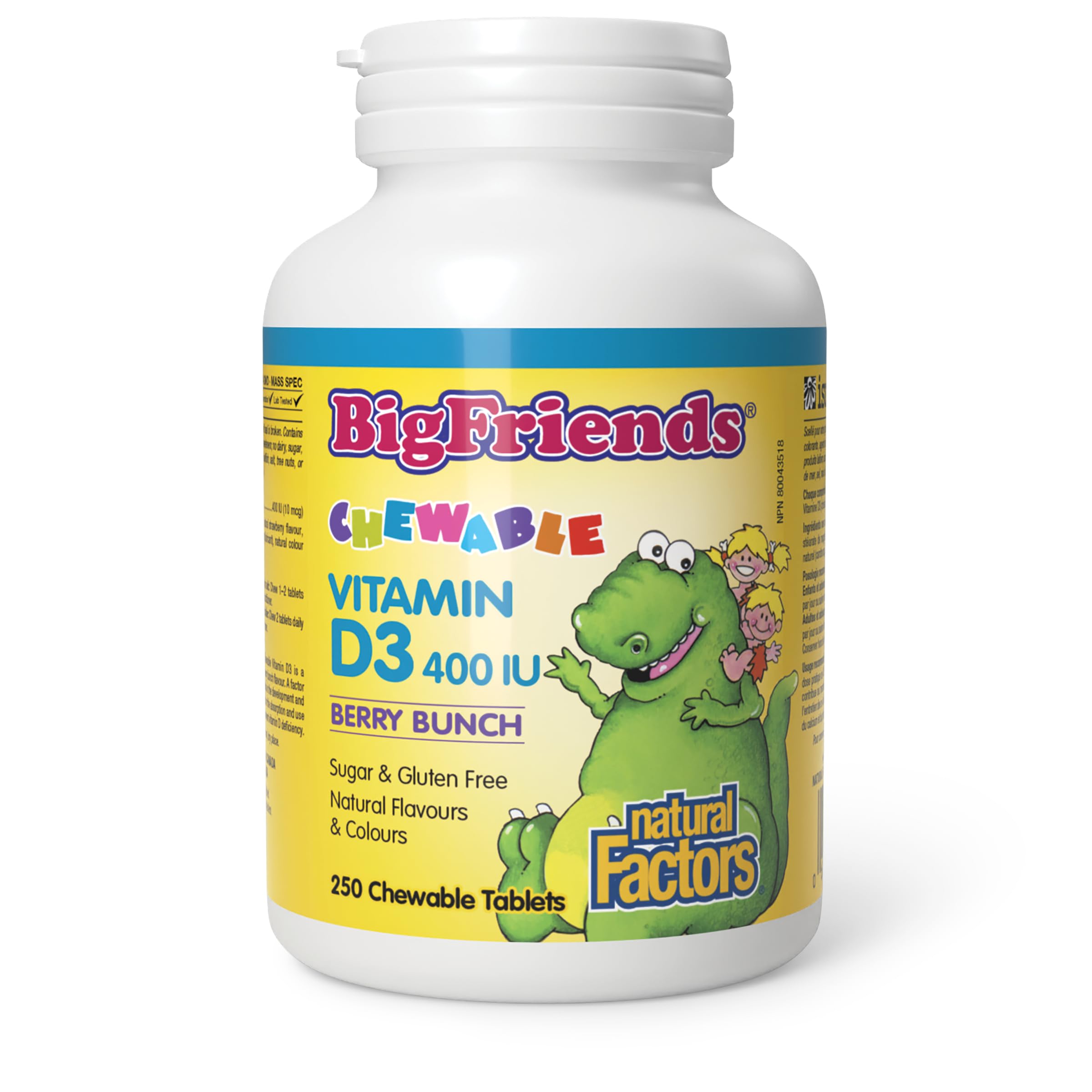 Natural Factors Big Friends KIDS Vitamin D3 400 IU, 250 Chewable Tablets, Berry Bunch, Allergen-Free, Sugar Free, Supports Healthy Immune System & Bone Health, Proudly Canadian