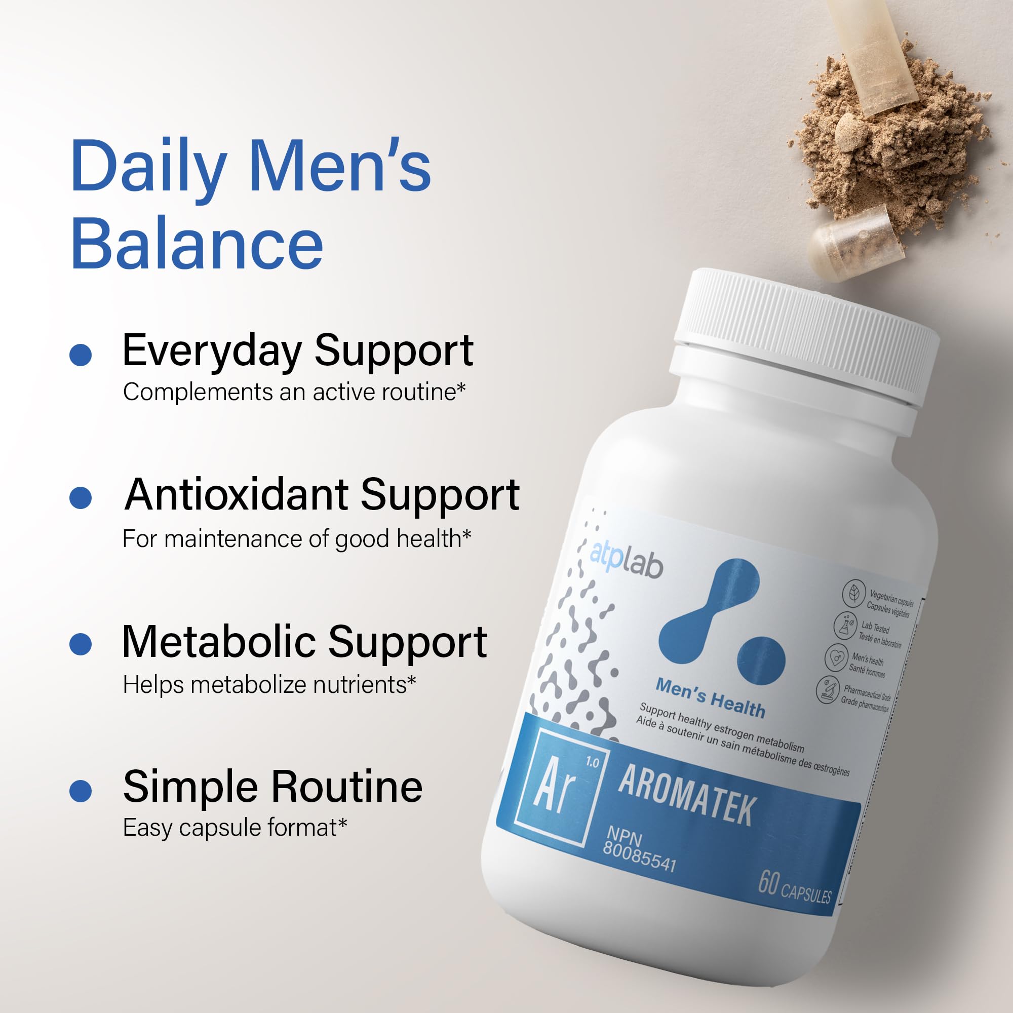 ATP LAB - Aromatek 60 gélules - Cure de 30 jours - Supplément d'œstrogènes pour la santé masculine - Équilibre hormonal des œstrogènes, stimulant masculin et supplément d'antioxydants pour hommes - Formulé et fabriqué au Canada