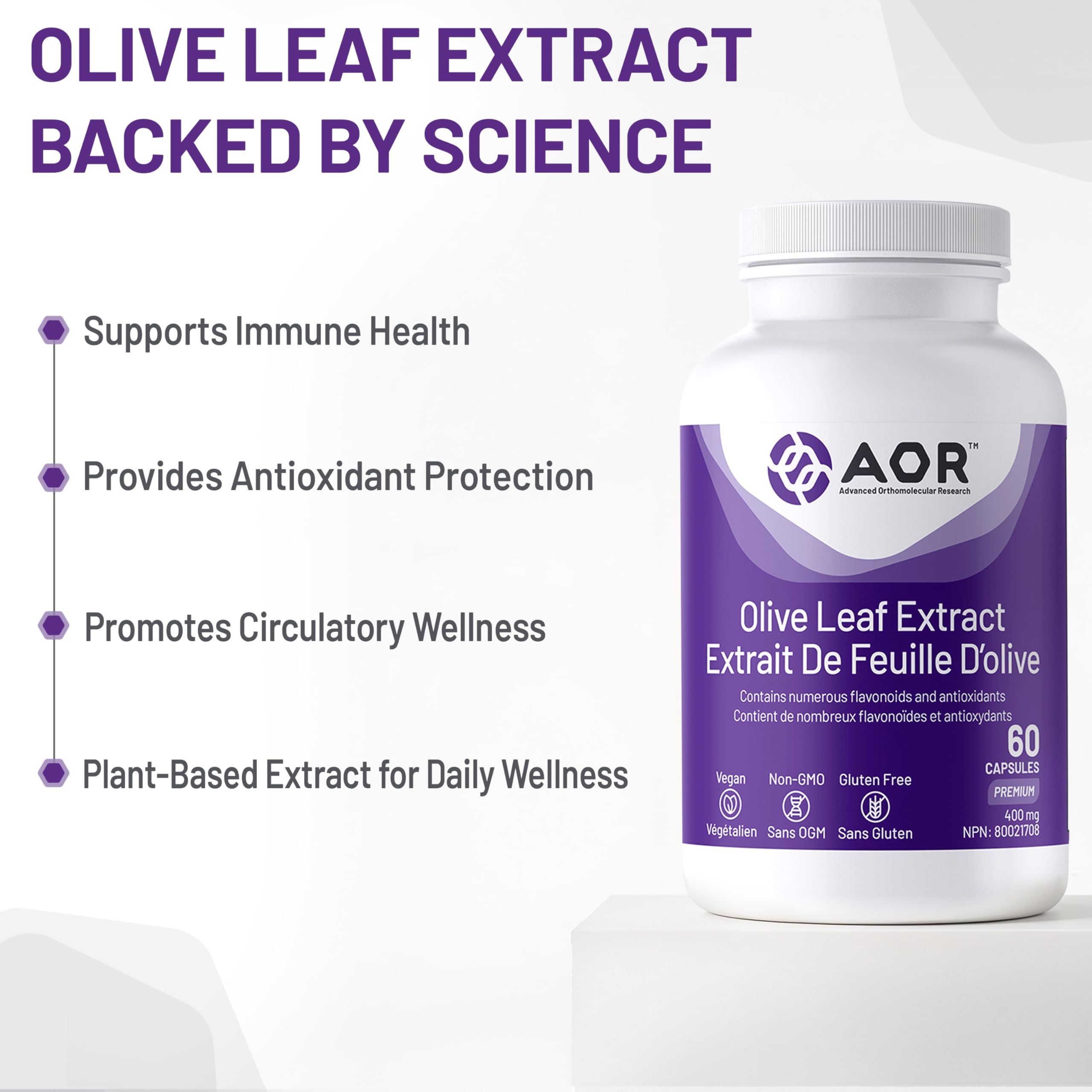 AOR Oleuropein Olive Leaf Extract 400mg, 60 Capsules 30-Day Supply - Supports Cellular Well-Being, Heart Vitality and Immune Function - Rich in Antioxidant Benefits - Vegan, Non-GMO and Gluten-Free