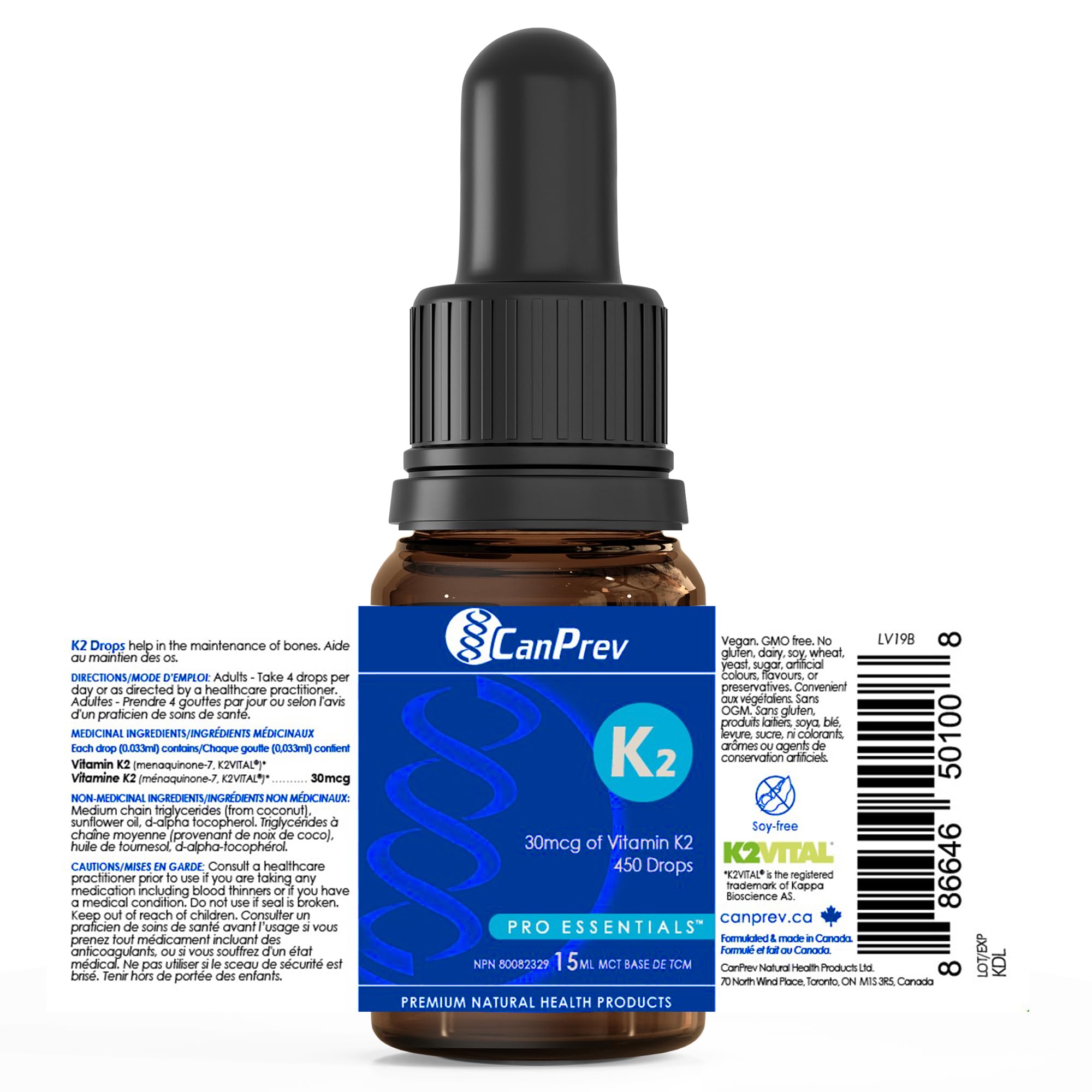 CanPrev K2 Gouttes, 15 ml, 300 portions, 30 mcg de vitamine K2 MK-7 liquide, soutient la solidité des os et la santé cardiovasculaire, végétalien, formule non aromatisée avec de l'huile MCT pour une utilisation et une absorption optimales du calcium