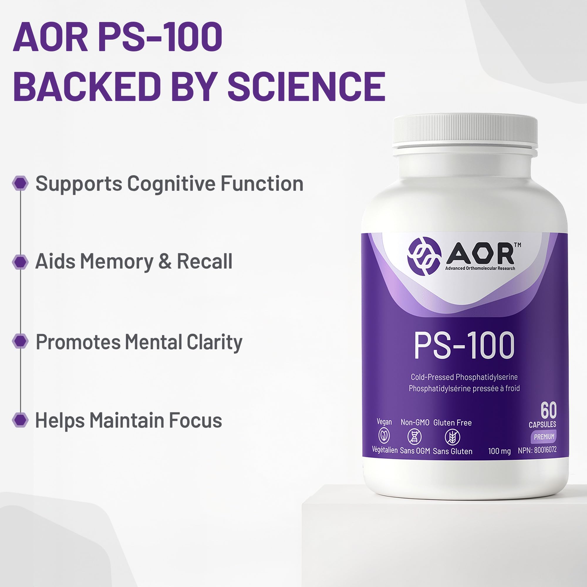 AOR - PS-100 Phosphatidylserine 100mg, 60 gélules - Supplément de phosphatidylsérine pour la santé de la mémoire, suppléments de concentration et supplément cognitif - Suppléments de soutien cérébral pour la mémoire et la concentration