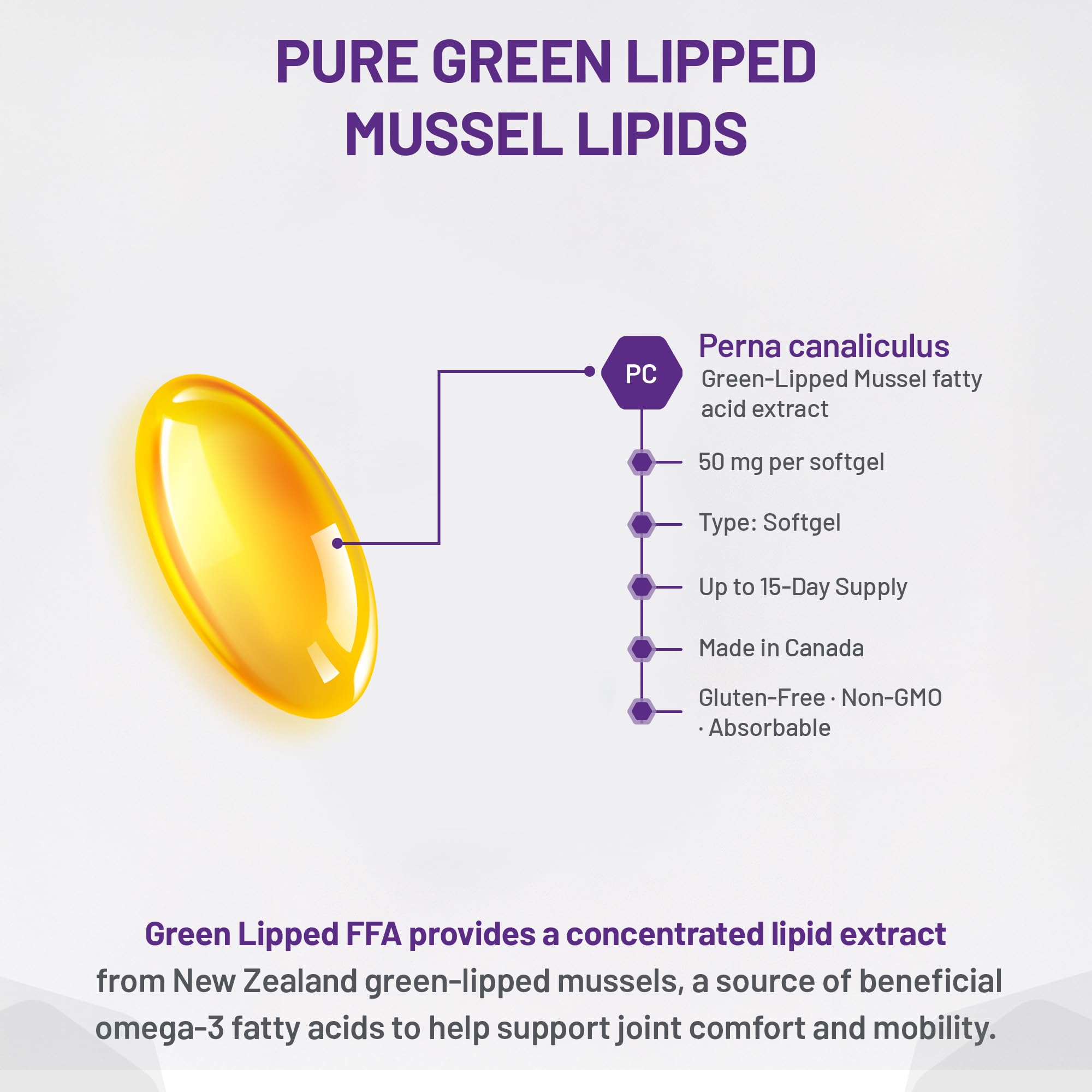 AOR Green Lipped FFA Mussel Omega-3 Supplement, 60 Softgels - Joint Comfort & Active Lifestyle, Free Fatty Acids Extract from Green Lipped Mussels, Non-GMO, Gluten-Free and Absorbable