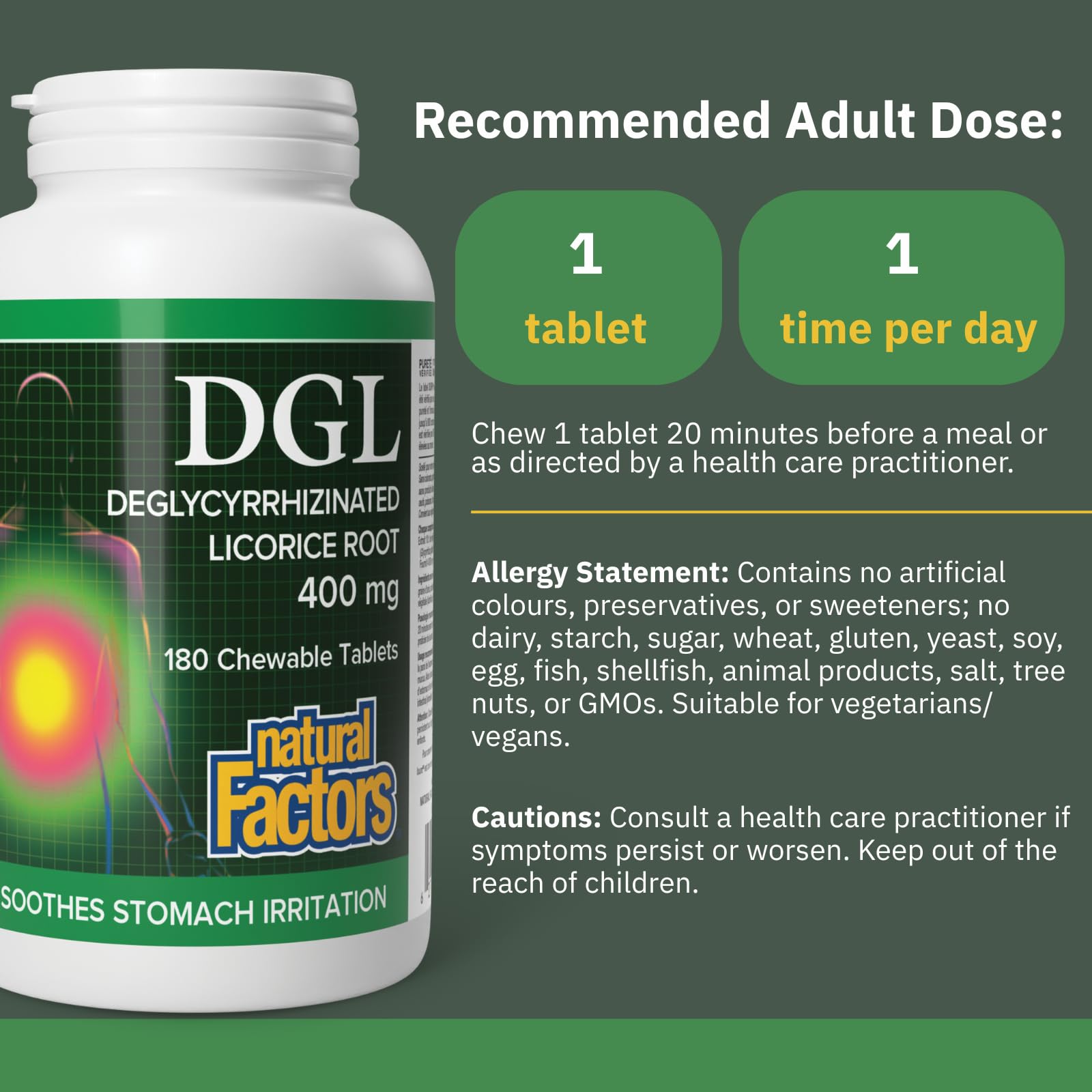 Natural Factors DGL - Deglycyrrhizinated Licorice Root Extract 400mg, 180 Chewable Tablets