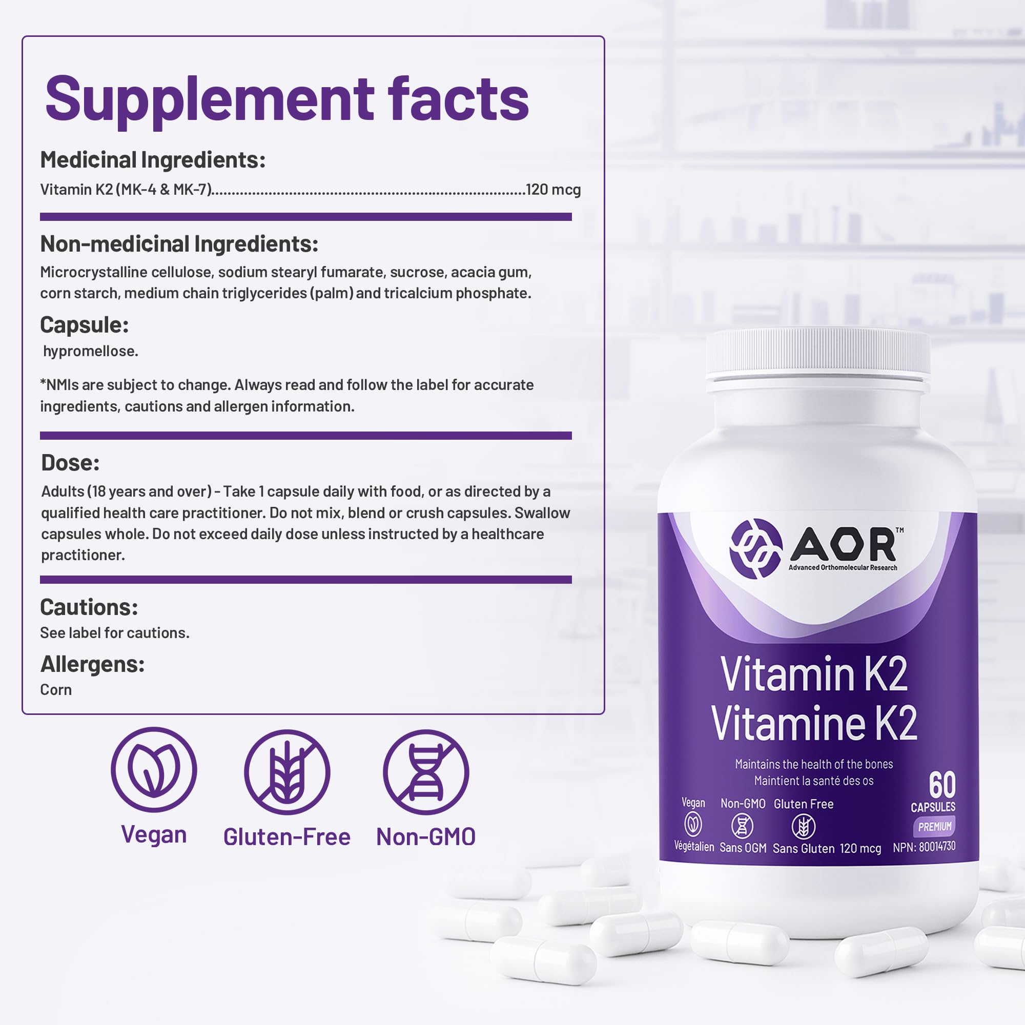 AOR Vitamin K2 Supplement 120mcg, Vegan 60 Caps 60-Day Supply - Supports Bone, Liver & Heart Wellness, Promotes Efficient Calcium Use, Helps Maintain Healthy Blood Clotting, Balanced MK-4 & MK-7 Ratio