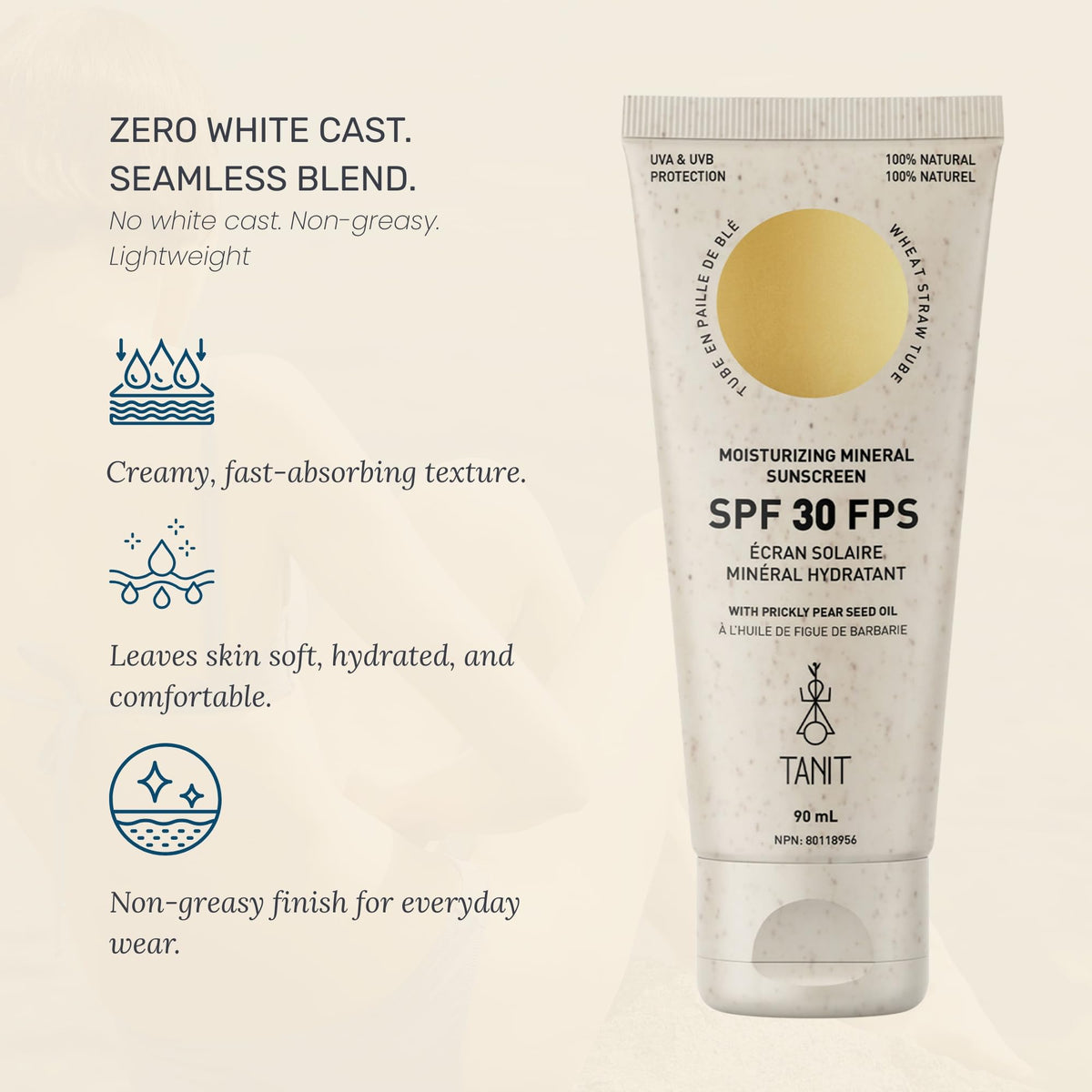 TANIT Moisturizing Mineral Sunscreen SPF 30, 90ml – Broad Spectrum UVA/UVB Defense with Prickly Pear Seed Oil – Lightweight, Water-Resistant, Unscented, Vegan Cream for Daily Face & Body Protection