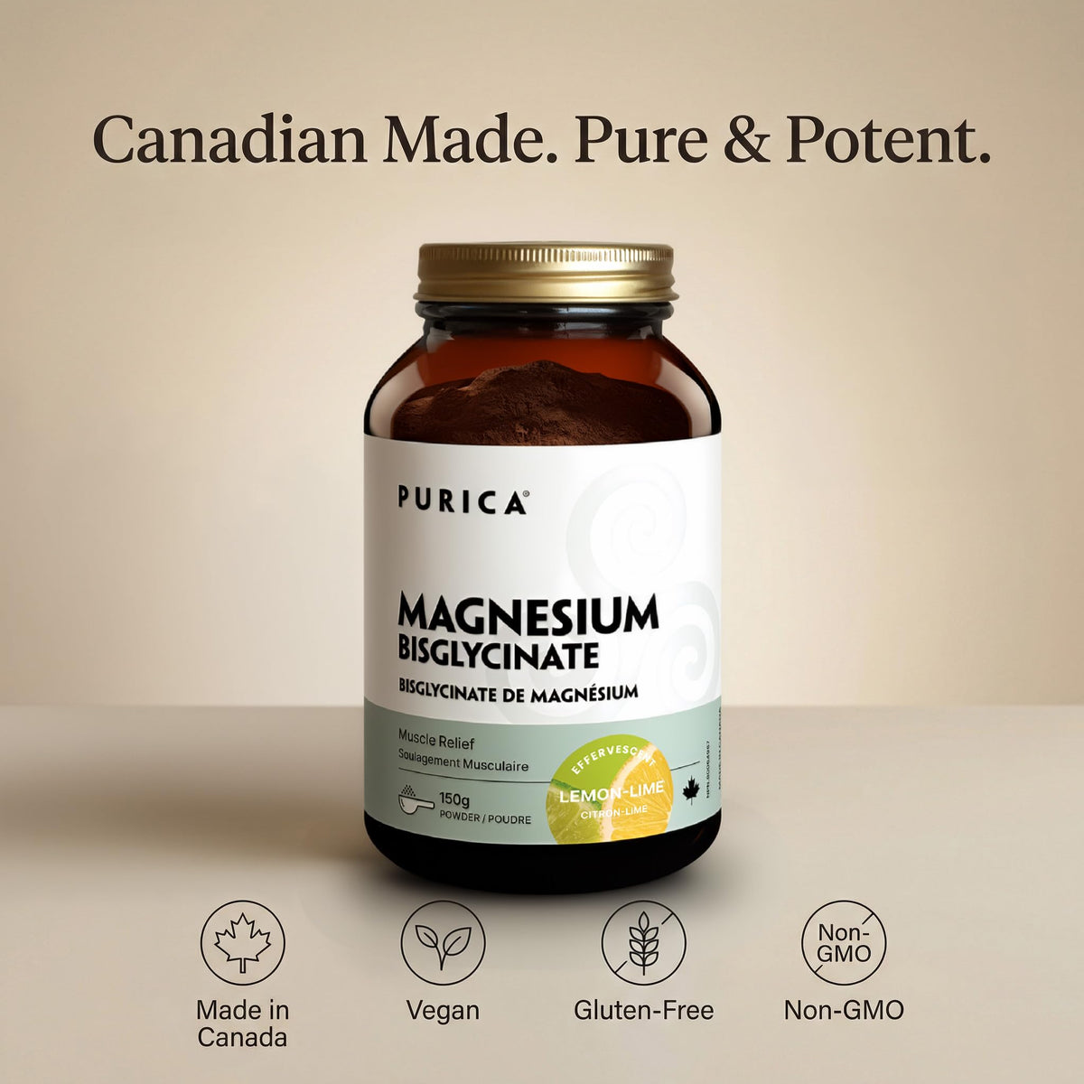 PURICA Effervescent Magnesium Glycinate Powder, 350 mg, Lemon Lime, 150g