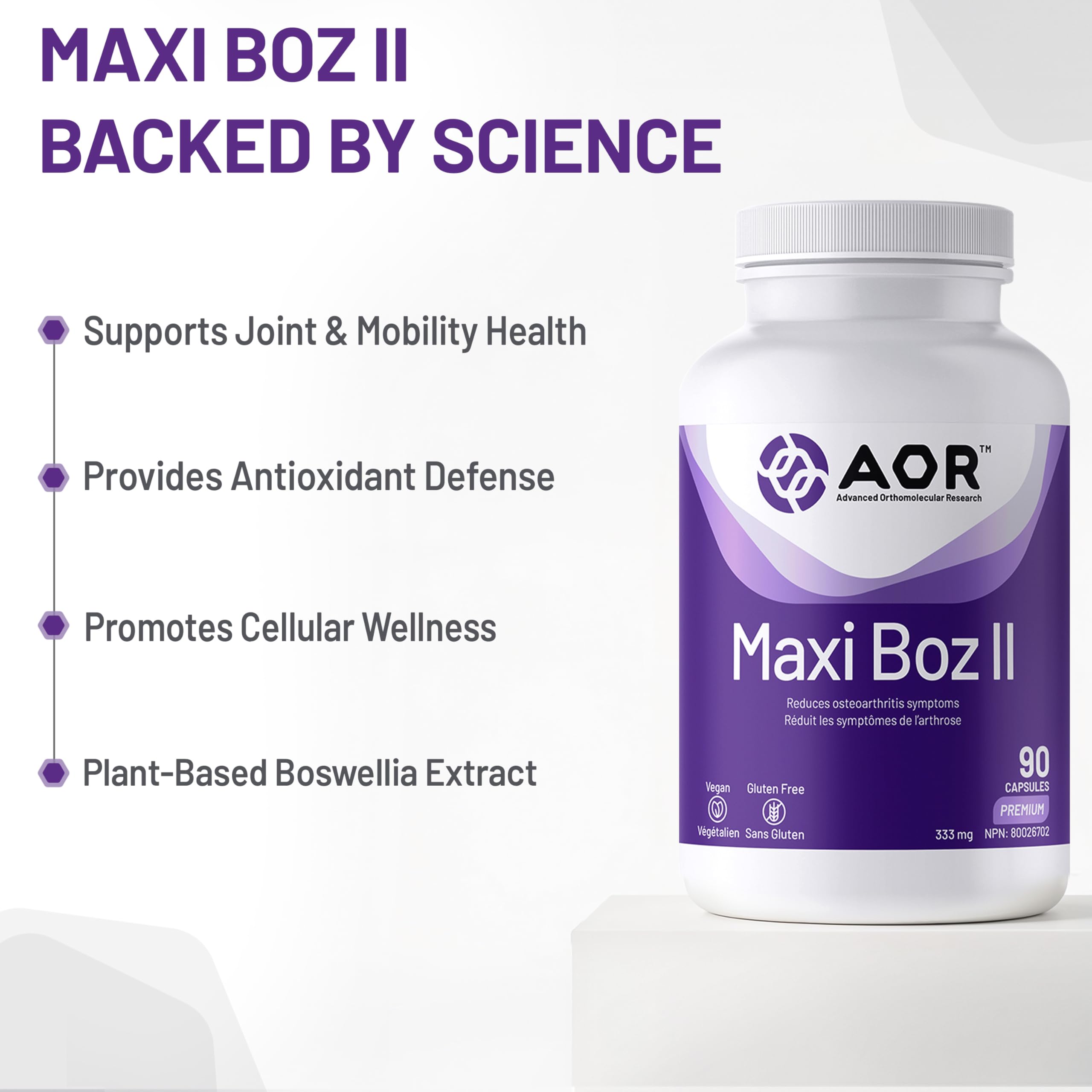 AOR - Maxi-Boz II 333mg, 90 capsules, cure de 30 jours - Extrait de Boswellia Serrata haute puissance pour le confort et la souplesse des articulations - Végétalien et sans gluten - Soutient l'amplitude des mouvements, favorise la facilité de mouvement