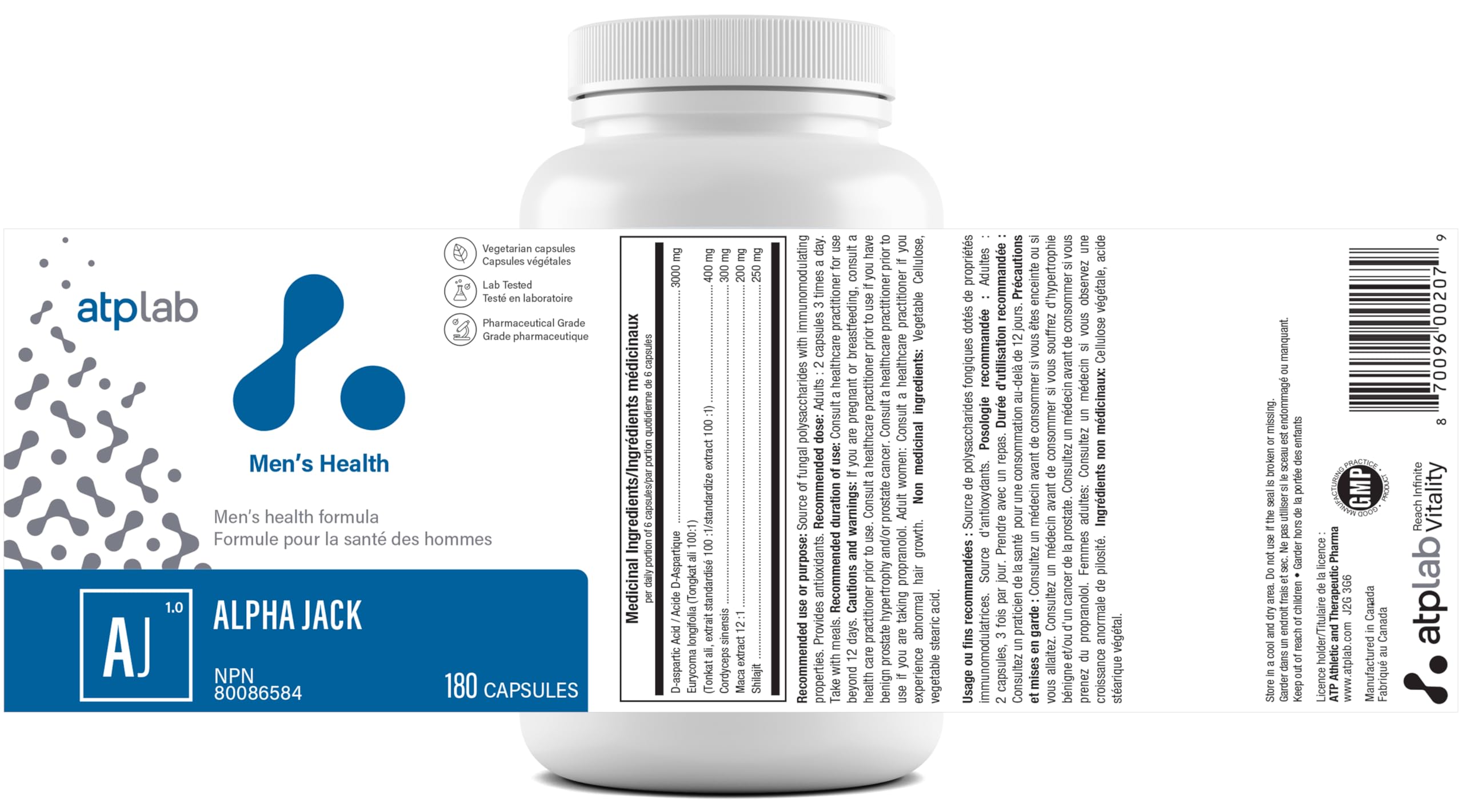 ATP LAB - Alpha Jack 180 capsules, Cure de 30 jours - Supplément de santé masculine - Soutien énergétique et supplément naturel - Supplément antioxydant pour hommes - Formulé et fabriqué au Canada