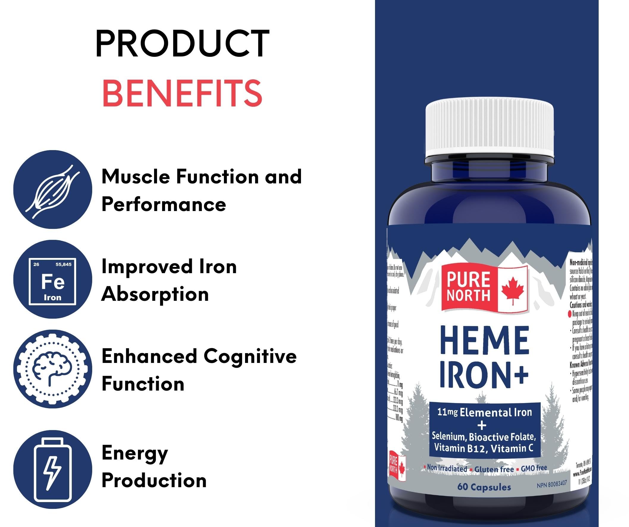 Pure North Naturals - Supplément de Fer Héminique, 60 capsules (pour 60 jours) - 11 mg de Fer Élémentaire + Sélénium, Folate Bioactif, Vitamine B12, Vitamine C - Testé par une Tierce Partie - Formulé et Fabriqué au Canada