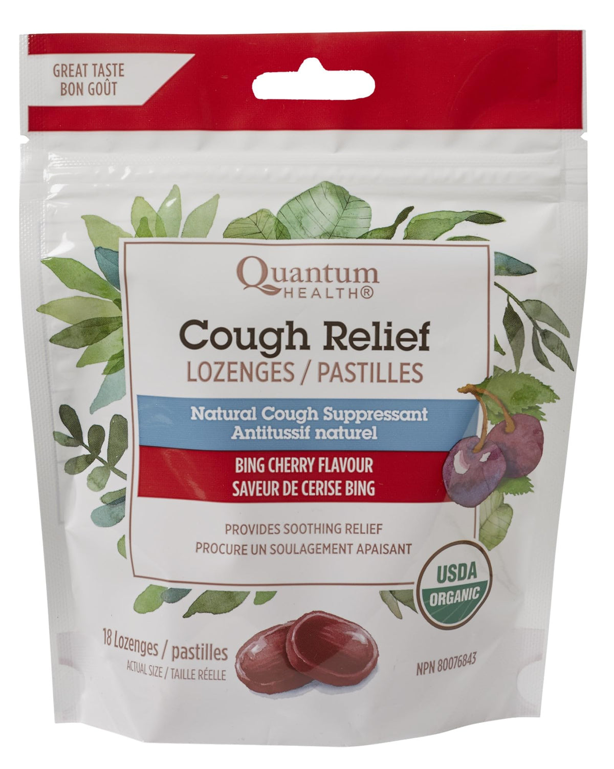 Quantum Health - Organic Cough Relief 18 Lozenges Bag, 2-Day Supply, Bing Cherry Flavor, Helps Soothe and Comfort the Throat, Organic Menthol Cough Suppressant Oral Anesthetic