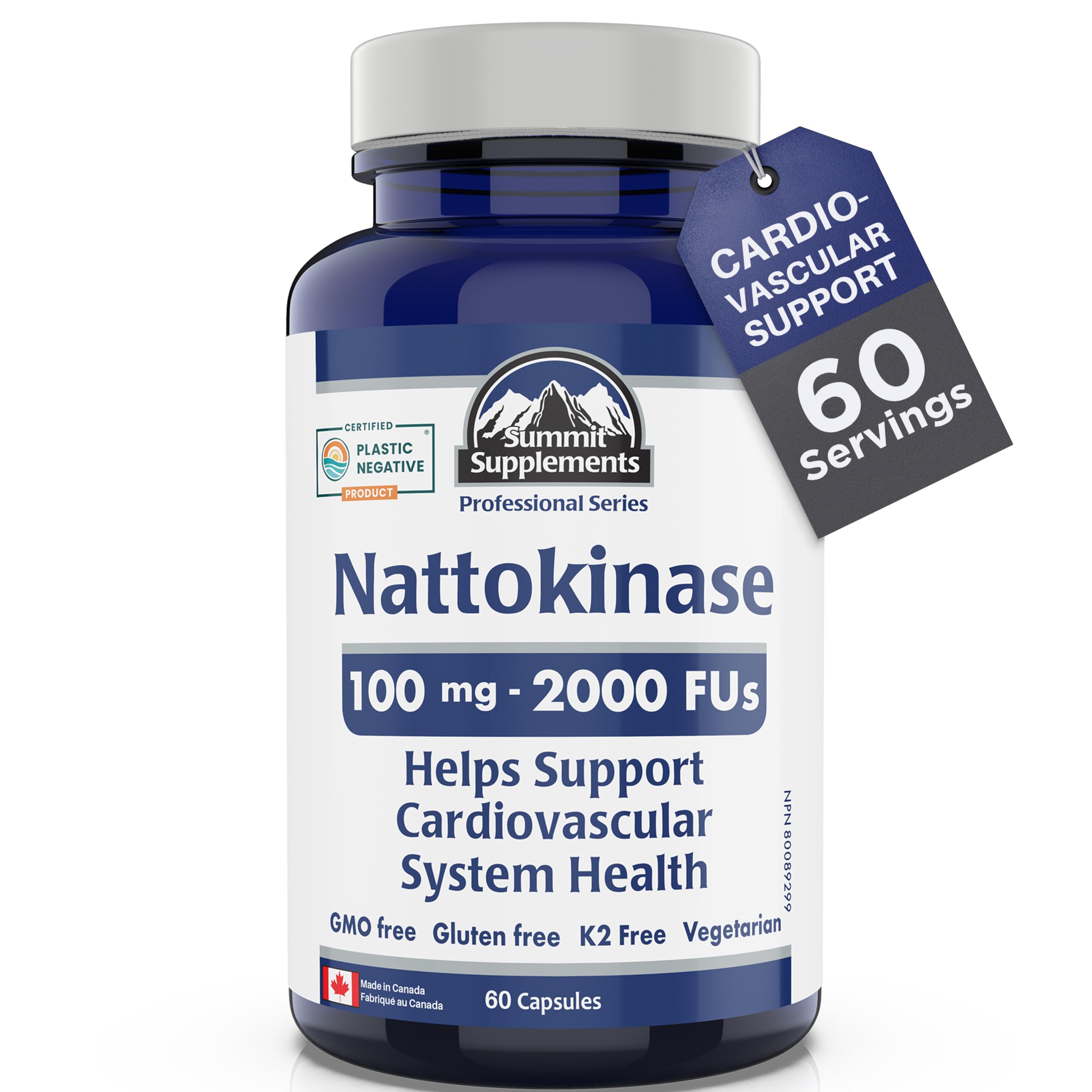 Nattokinase 100mg 2000 FU, 60 DR Vegetarian Capsules, 60-Day Supply - Supports Cardiovascular & Heart Health, Non-GMO, Gluten-Free - Promotes Circulation & Vitality, Proudly Canadian, Plastic Negative