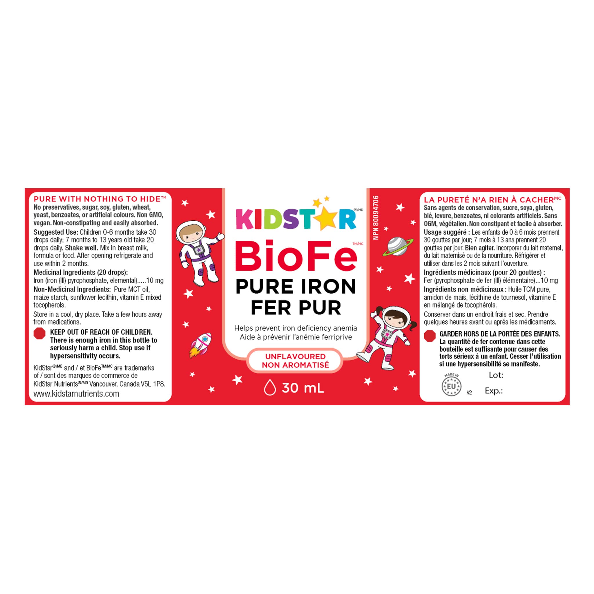 Kidstar Nutrients - BioFe Pure Iron Drops Unflavoured 30ml 50-Day Supply - Helps to Prevent Iron Deficiency Anemia - No Stomach Upset and Constipation - Vegan, Non-GMO, Gluten-Free and Sugar-Free