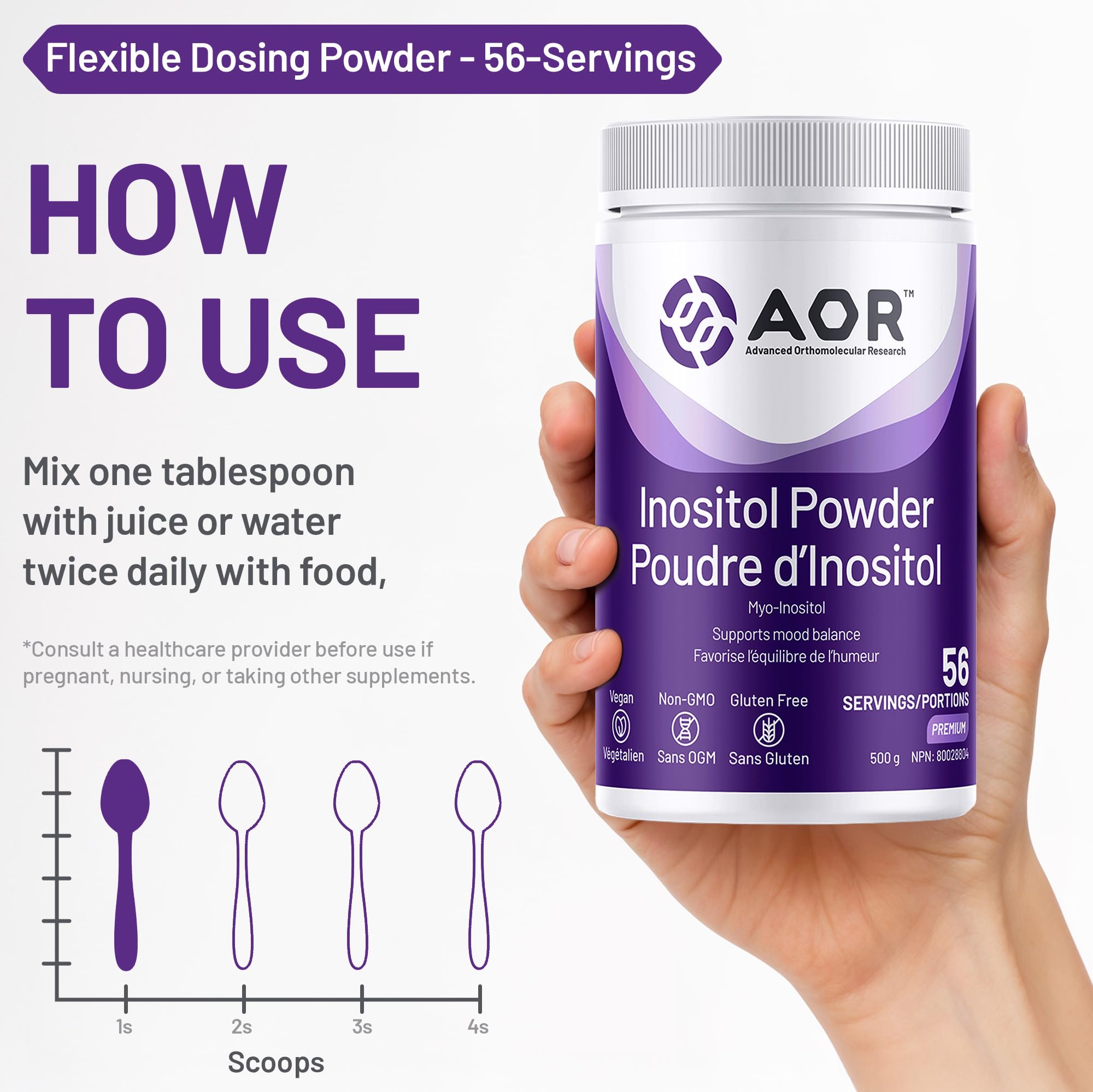 AOR Inositol Powder 500g, Myo-Inositol Supplement Powder 56-Servings - Supports Cognitive Function, Hormonal Balance & Cellular Health - Myo-Inositol for Women - Pure Inositol Supplement for Vitality