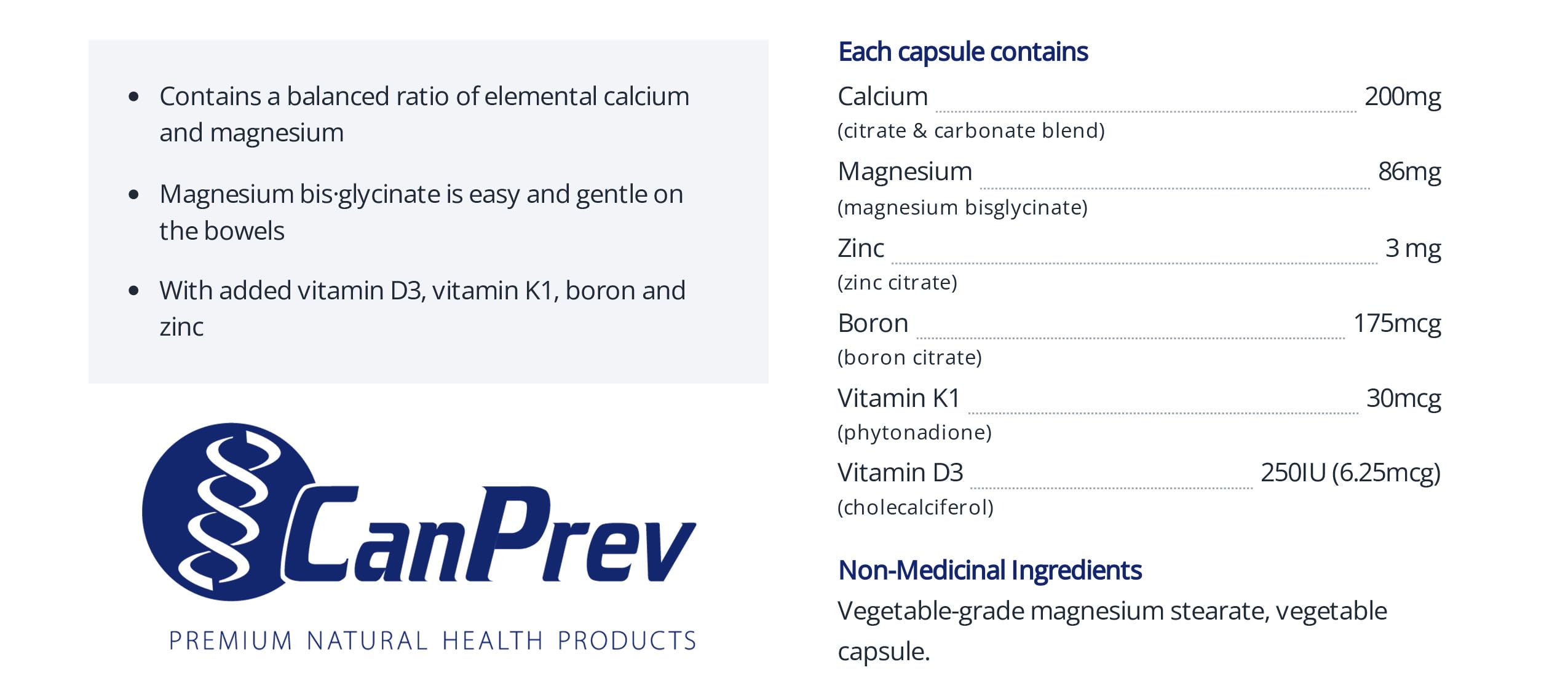 CanPrev Ostéo Prolong, 120 V-Caps, pour 30 jours, Contient du Calcium, du Bisglycinate de Magnésium, du Zinc, des Suppléments de Bore et des Vitamines D3 et K1, Contribue au maintien d'os et de dents sains chez l'homme et la femme