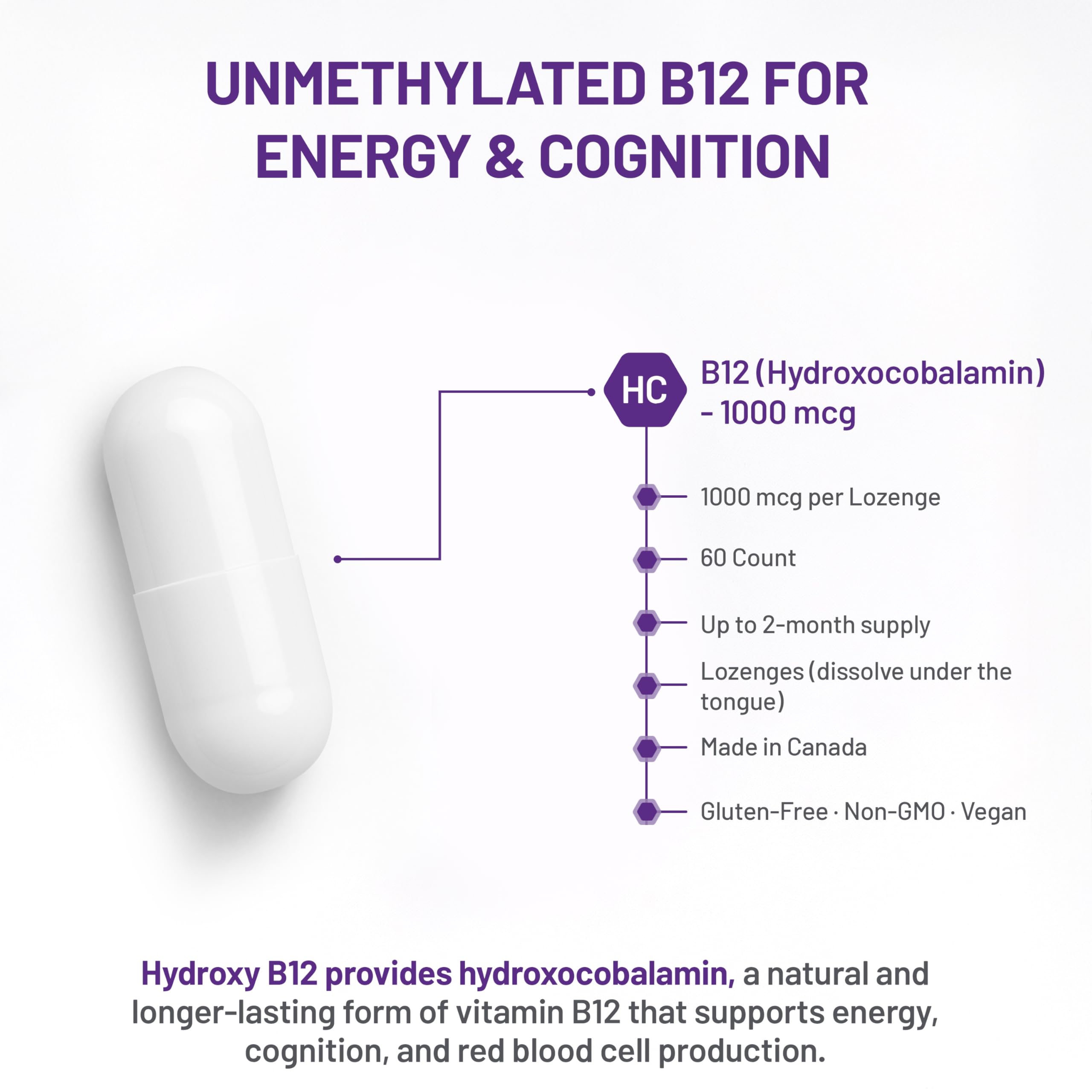 AOR Hydroxy B12 1000mcg, 60 pastilles, approvisionnement de 60 jours – Supplément de vitamine B12 (hydroxocobalamine) pour l'énergie et le soutien métabolique – Soutien optimal du système nerveux – Végétalien, sans OGM et sans gluten