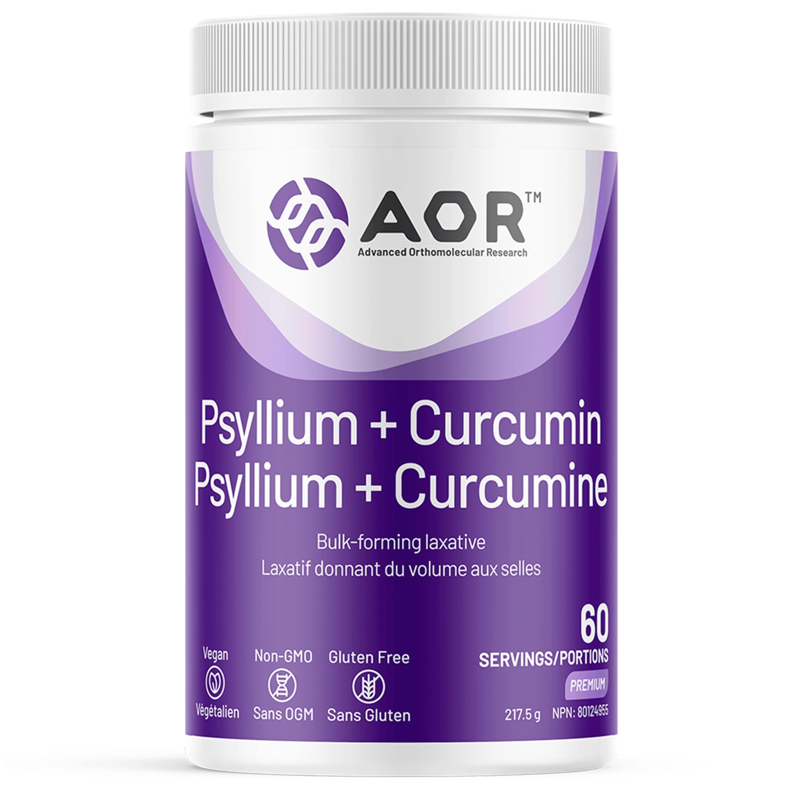 AOR Écorce de psyllium + Curcumine en poudre 217,5g 60 portions, Saveur citron rafraîchissante, Favorise la régularité, la mobilité articulaire, l'équilibre digestif et le bien-être quotidien avec des fibres naturelles, Végétalien, Sans OGM, Sans gluten