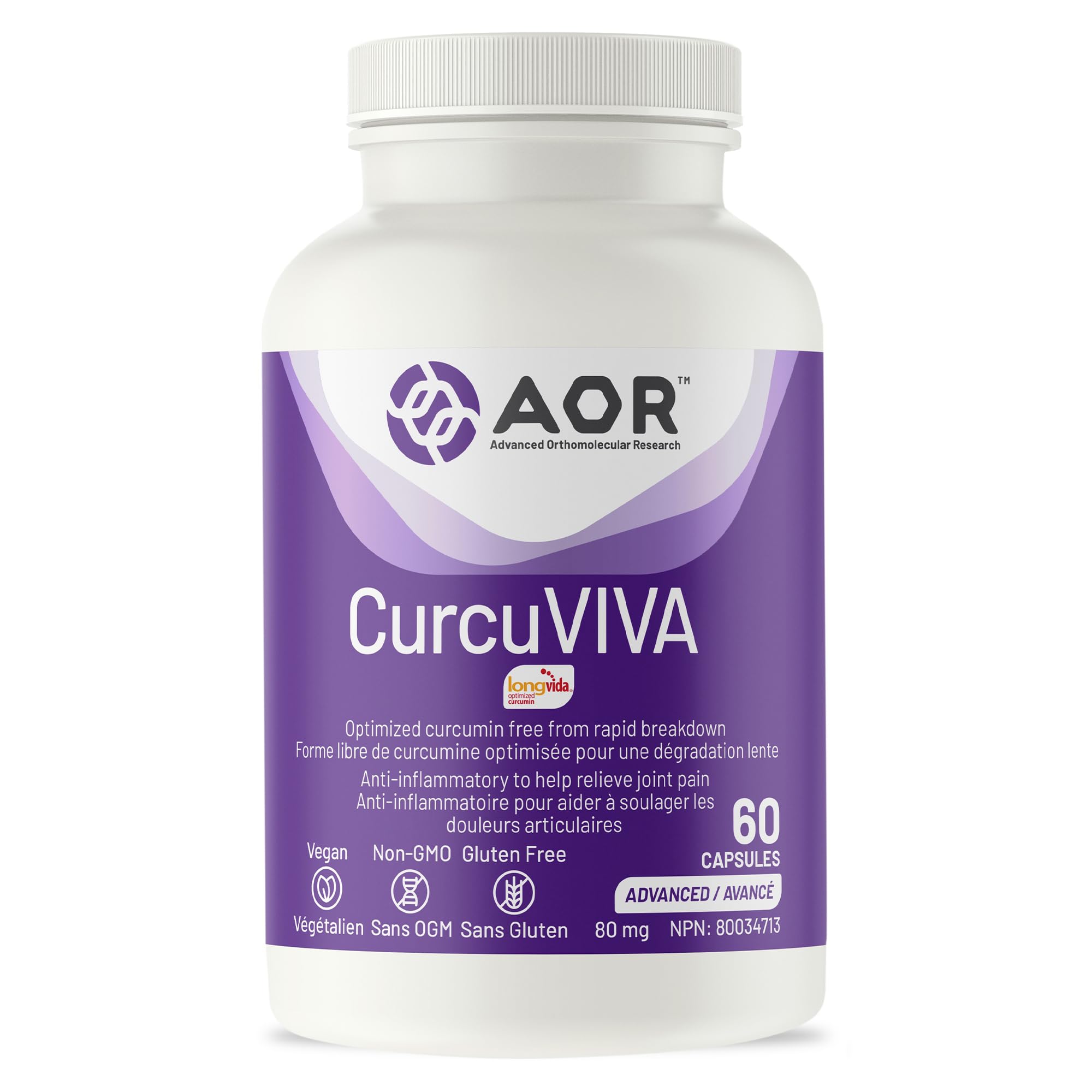 AOR CurcuVIVA 80mg, 60 Caps 60-Day Supply - Curcumin Longvida Formula for Joint Support & Comfort, Immune Support, Enhanced Absorption Turmeric Curcumin Supplement - Vegan, Non-GMO and Gluten-Free