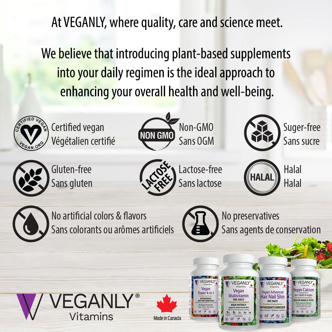 VEGANLY Vegan Multivitamin One-Daily for Plant-based Diets. Canadian. High potency in B12, D3, Calcium, Iron, Zinc & more. 90 veg. tablets. Best for vegans and vegetarians. (NPN 80076962)