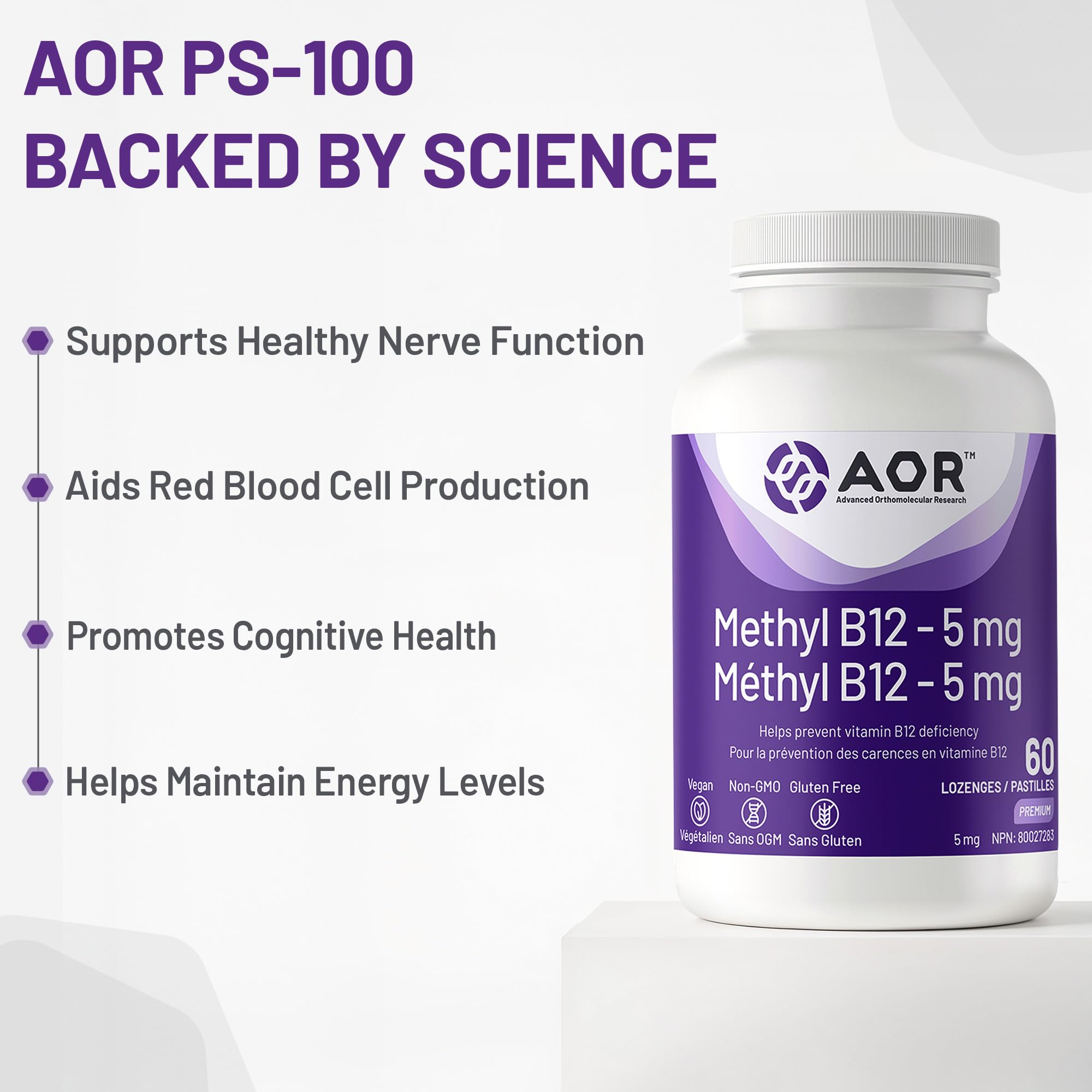 AOR - Méthyl B12, 60 pastilles - Vitamine B12 Méthylcobalamine - Complément favorisant la santé nerveuse - Supplément végétalien de B12 - Aide à prévenir la carence en vitamine B12 - Capsules de B12 méthylée