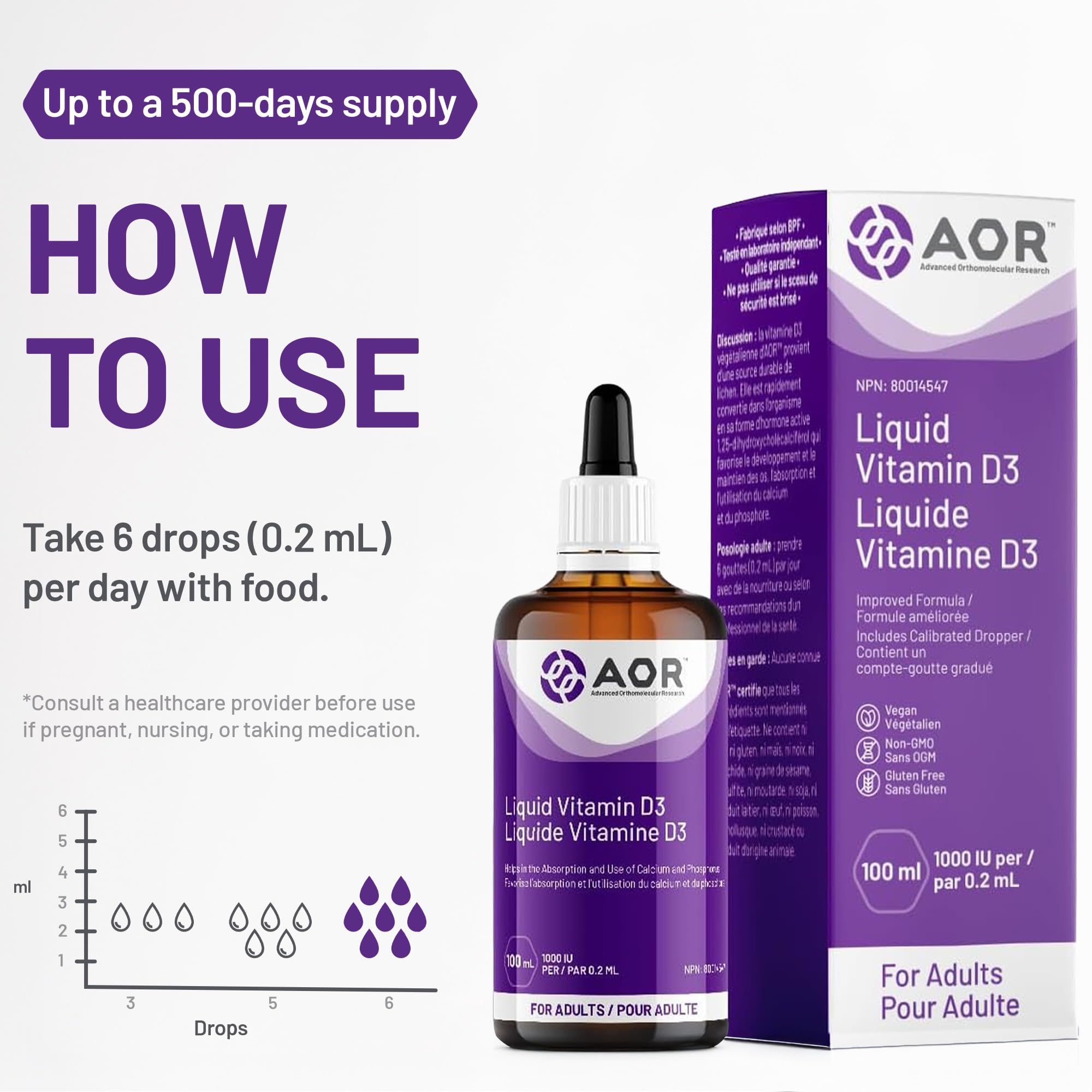 AOR - Vitamin D3 1000 IU, 50 ml Vdrops - Liquid Vitamin D3 Drops for Adults - Cholecalciferol Vitamin D3 with Calcium for Bone Health and Immune System Support - Vegan Vitamin D3 Supplement