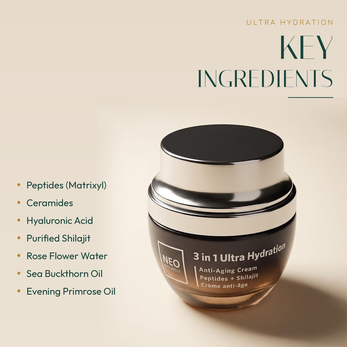Neo Naturelle 3-in-1 Ultra Hydration Cream | Lightweight Moisturizer for Face & Eyes, Day & Night | Peptides, Ceramides, Hyaluronic Acid & Shilajit | Normal to Oily Skin | Natural, Vegan | 50 mL