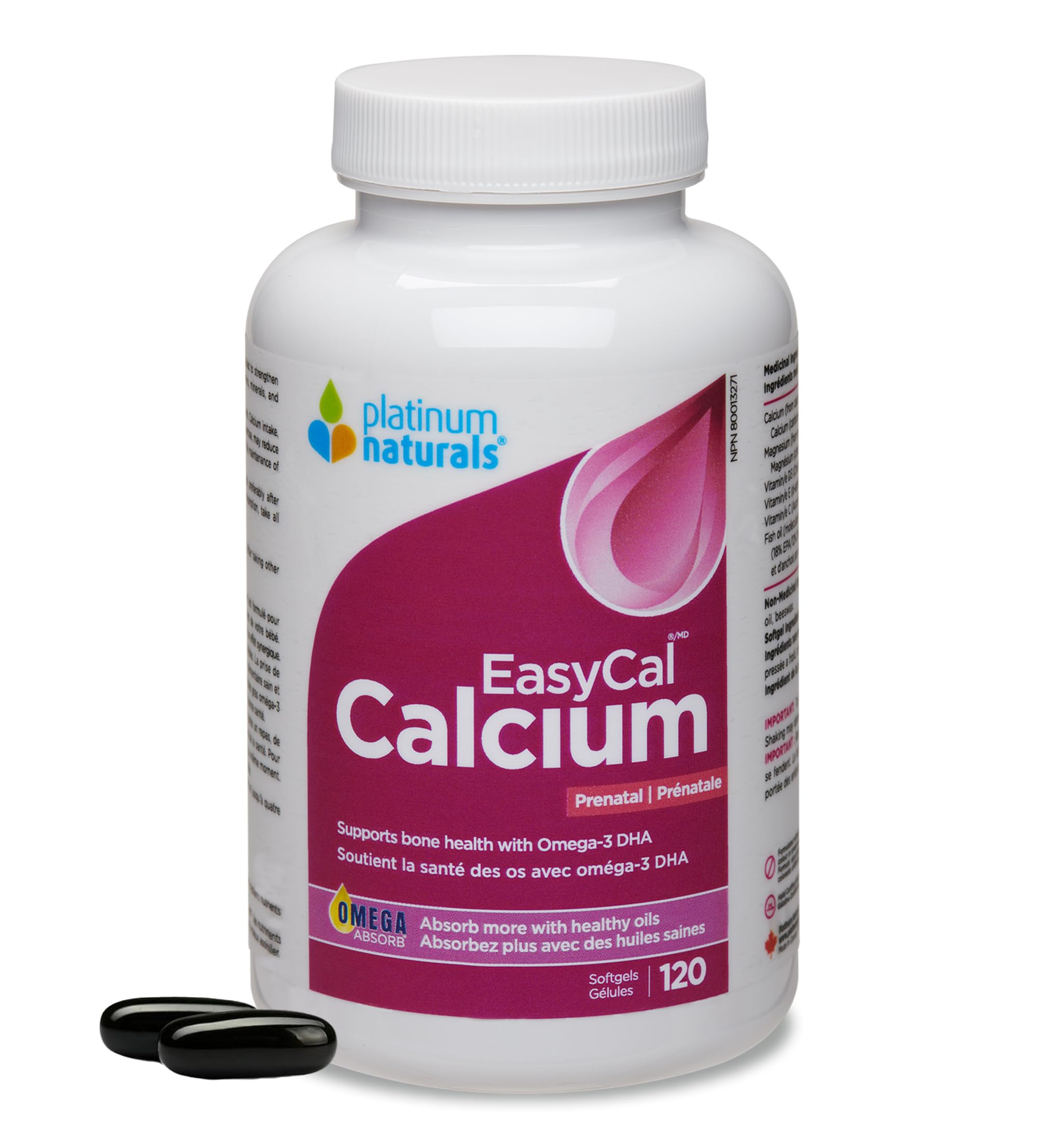 Platinum Naturals EasyCal Calcium Prénatal 120 gélules, supplément de calcium prénatal essentiel avec Oméga 3 DHA pour femmes enceintes, soutient la santé des os et des dents, soutient le développement fœtal, oculaire et cérébral