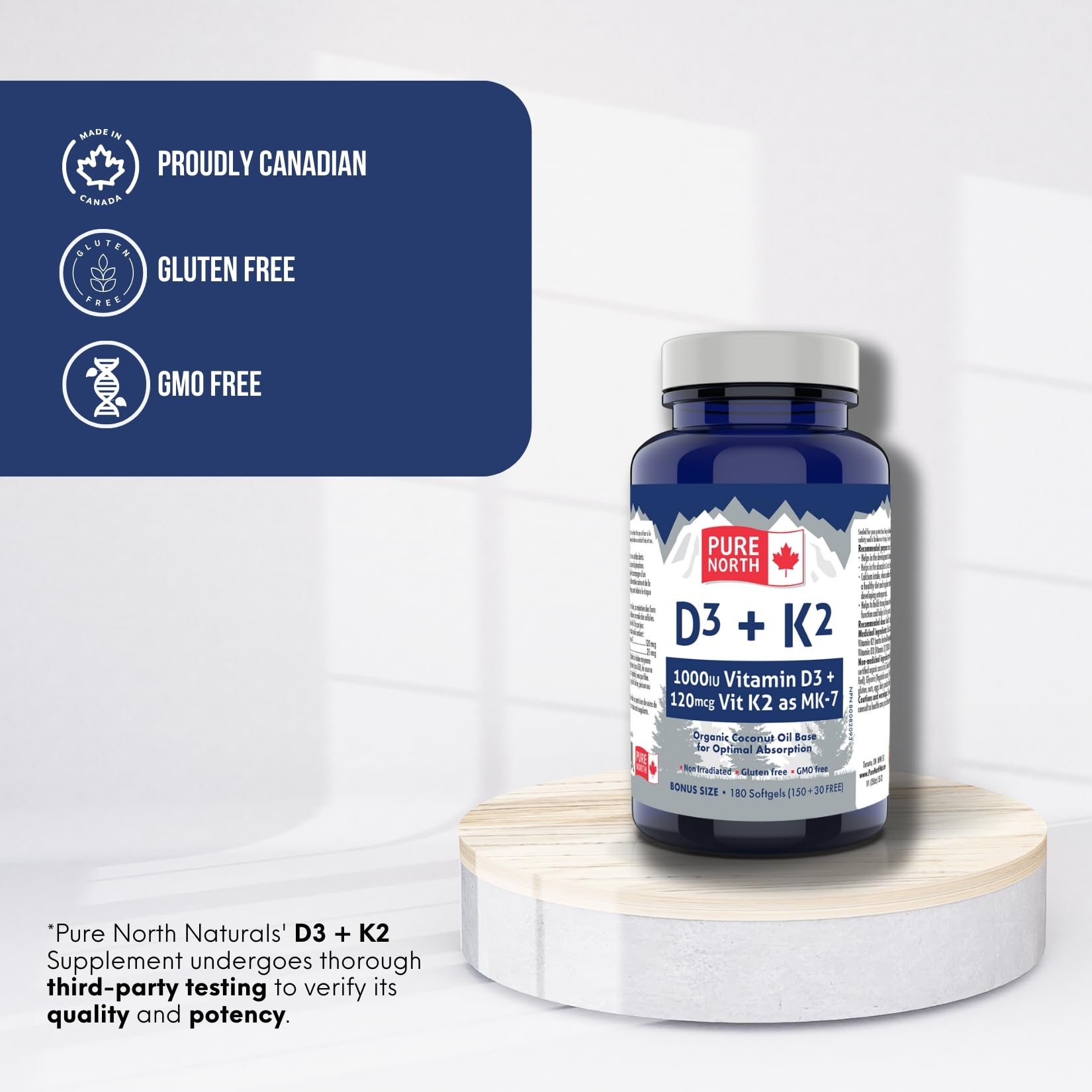 Pure North Naturals – Supplément de vitamines D3 + K2, 180 gélules (180 jours) – Santé des os et des dents – D3 1000 UI + K2 MK7 120 mcg avec huile de noix de coco biologique – Testé par des tiers – Formulé et fabriqué au Canada