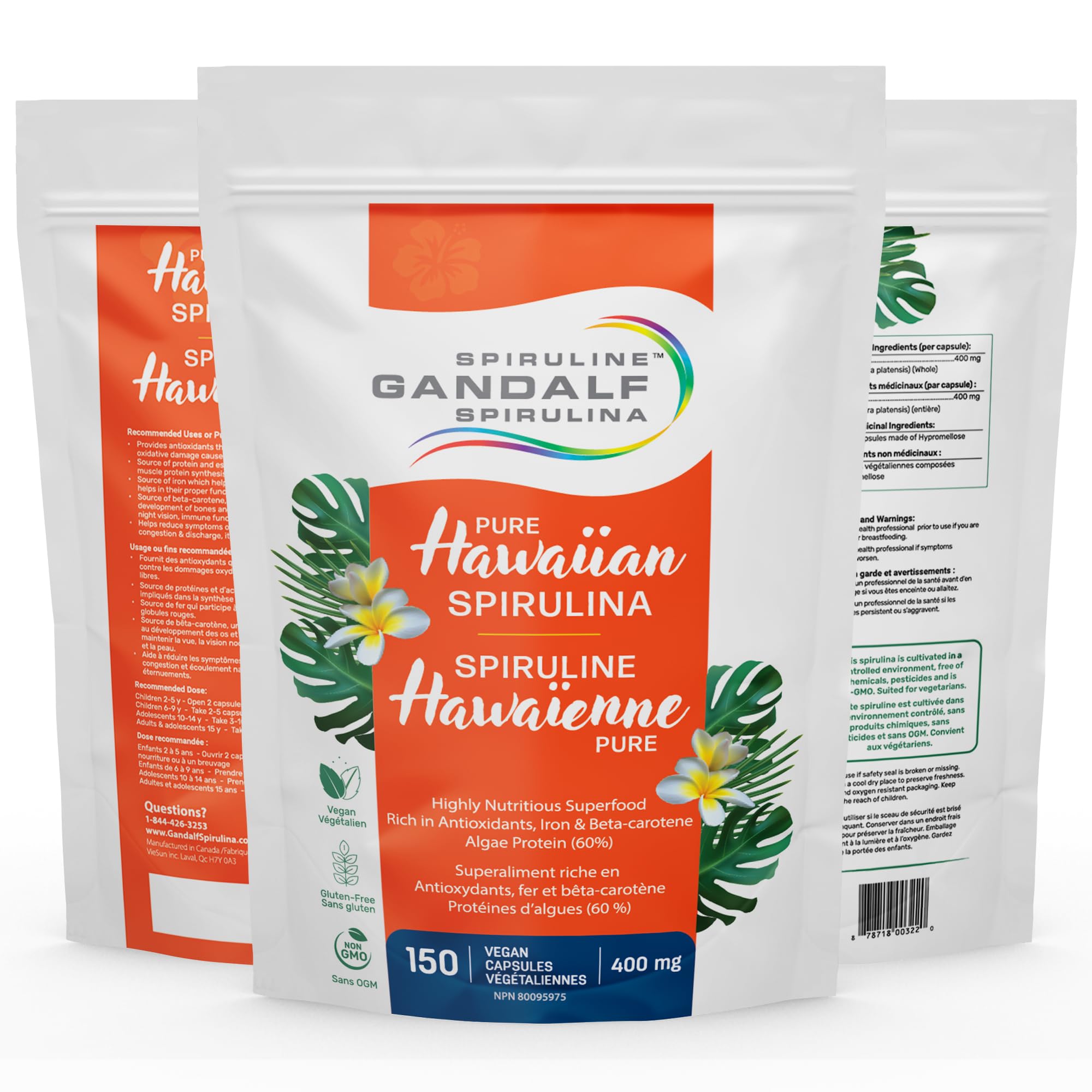 Gandalf Hawaiian Spirulina 400mg, 150 Vegan Capsules - Non-GMO and Gluten-Free - Pure Blue-Green Algae, Rich in Beta-Carotene, Vitamins, Iron, Antioxidants - Supports Immune Health