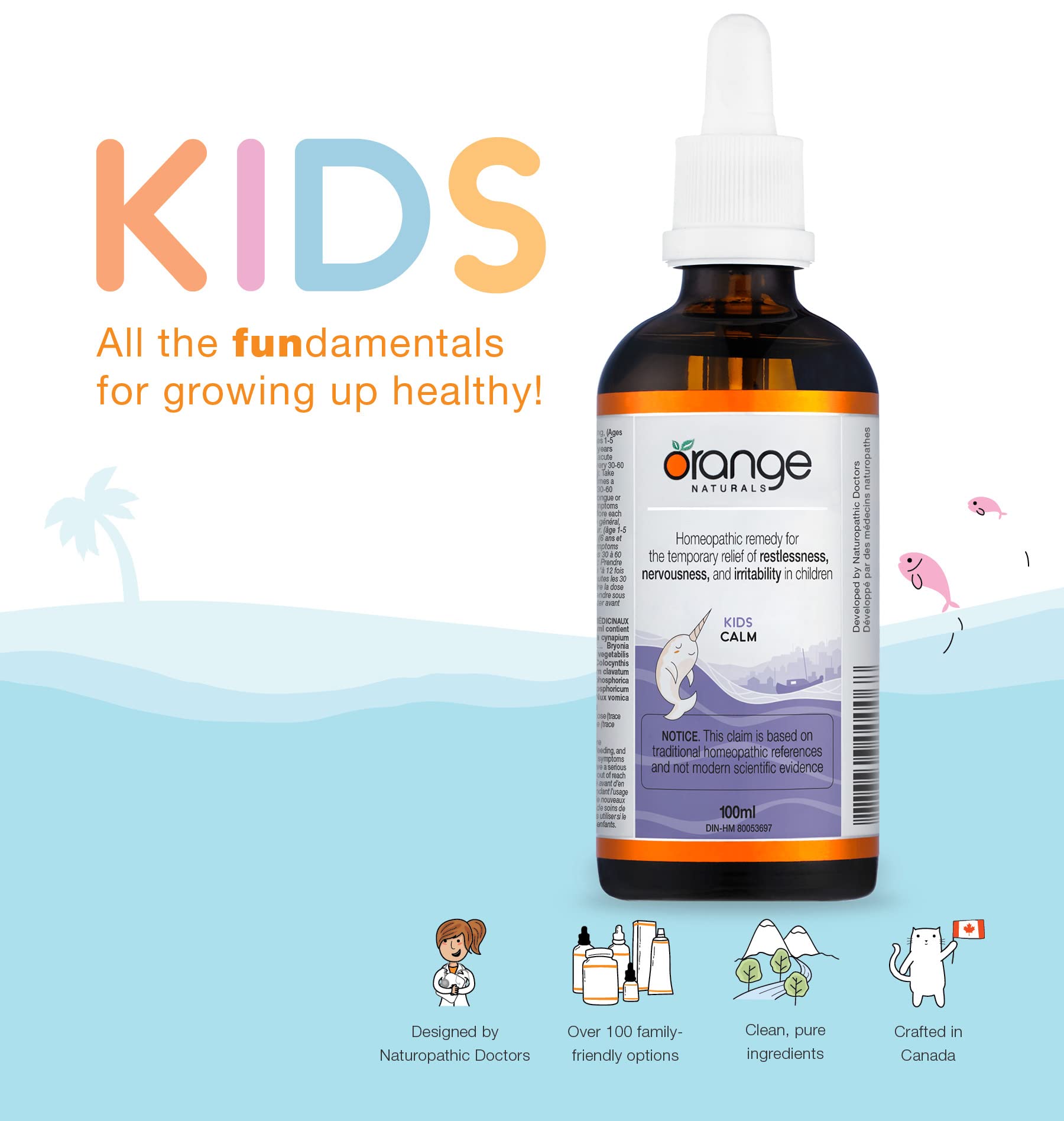 ORANGE NATURALS Calm for Kids 100ml - Doux Remède Homéopathique pour l'Agitation et les Légers Troubles du Sommeil chez l'Enfant - Formule Non Sédative, Apaise l'Irritabilité et Favorise un Comportement Calme