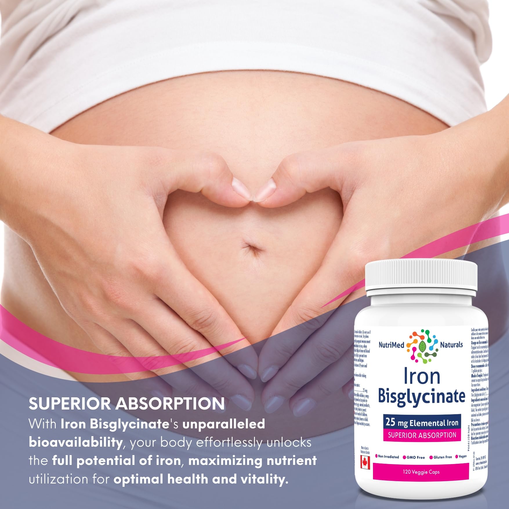 Nutrimed Naturals - Bisglycinate de Fer, 120 Gélules Végétaliennes, 120 Jours d'Approvisionnement - 25mg de Fer Élémentaire pour l'Anémie Ferriprive et la Fatigue Associée - Testé par un Tiers - Formulé et Fabriqué au Canada