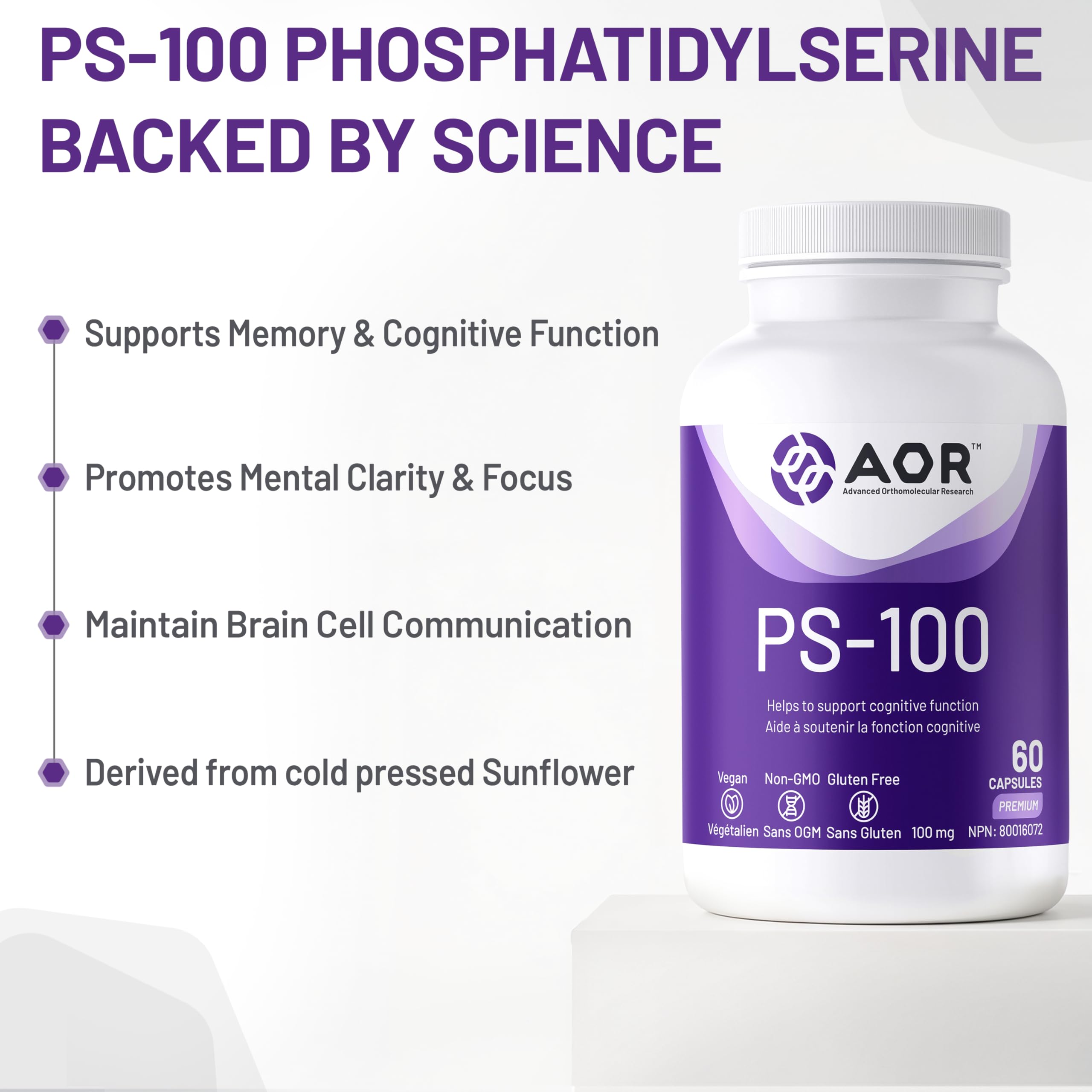AOR PS-100, 100 mg 60 gélules - Favorise la clarté mentale et la concentration, sans gluten, sans OGM et végétalien, phosphatidylsérine issue de la lécithine de tournesol, favorise un sommeil réparateur et la fonction cognitive
