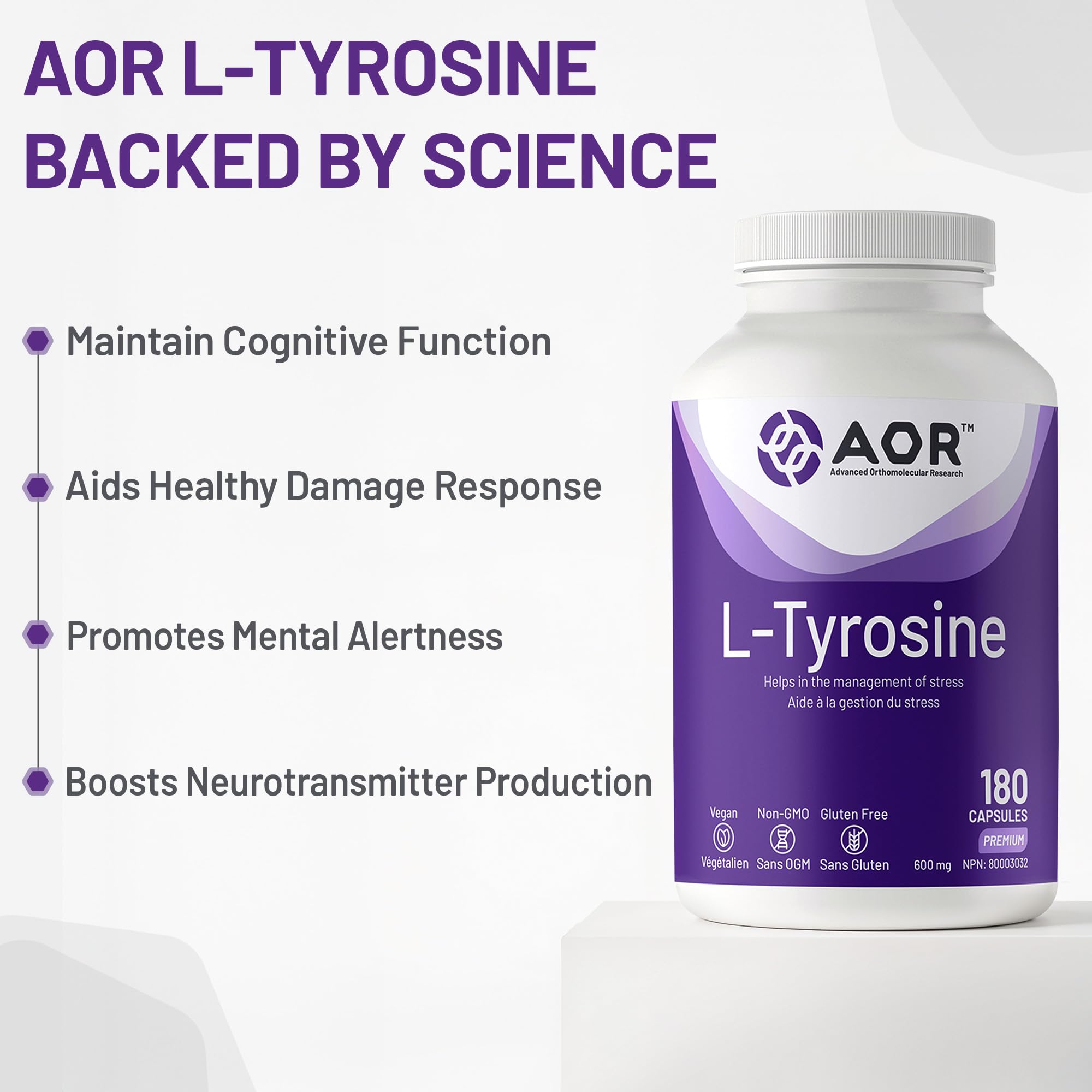 AOR L-Tyrosine 600mg 180 Capsules 30-Day Supply - Vegan, Non-GMO, Gluten-Free - L-Tyrosine Supplement to Support Brain Function, Promote Focus, Mental Clarity, Cognitive Performance and Restful Sleep