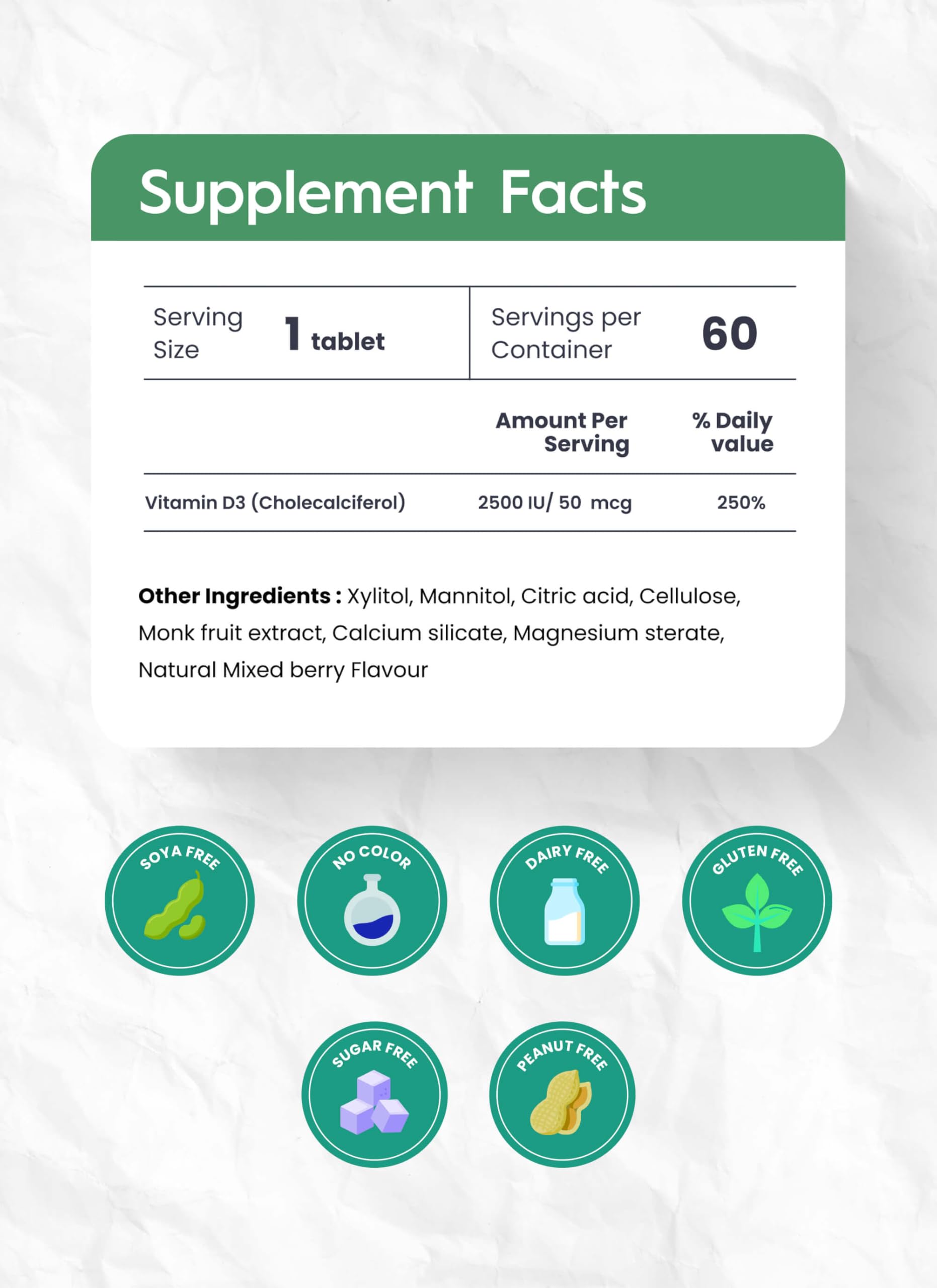 Nutrameltz Vitamin D3 2500 IU, 60 Quick-Dissolve Tablets with Mixed Berry Flavor 60-Day Supply - Melt-in-Mouth Supplement for Adults - Travel-Friendly - Sugar, Soy, Dairy & Gluten-Free - Canadian Made
