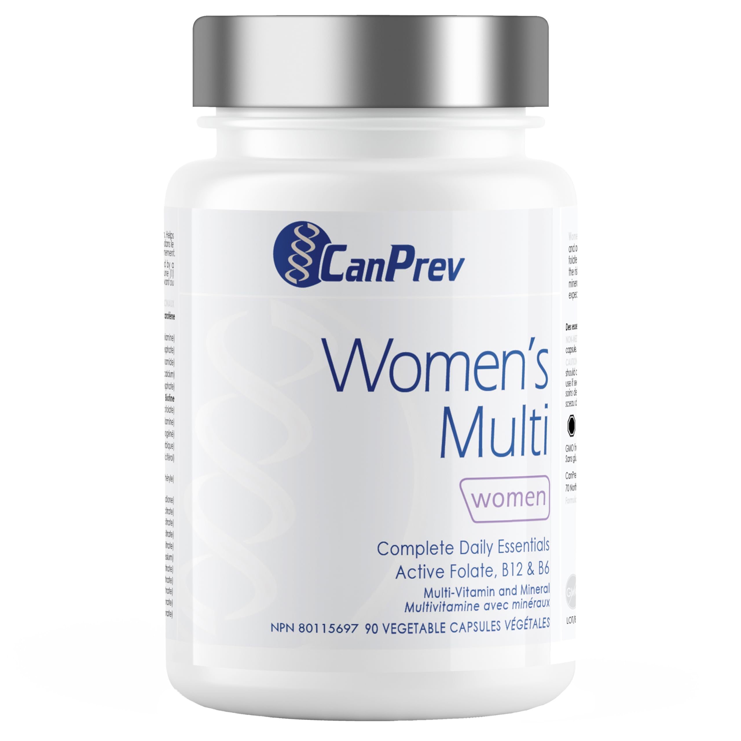 CanPrev Women's Multi 90 gélules végétales - Approvisionnement de 30 jours - Multivitamine complète pour les besoins des femmes - Essentiels quotidiens complets avec folate actif, B12 et B6 - Multivitamine et minéraux - Sans OGM et sans gluten