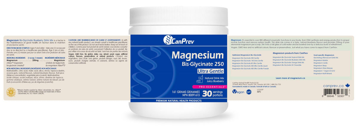 CanPrev Magnesium Bisglycinate Powder, 250 mg, Blueberry, 161g, 30 Servings
