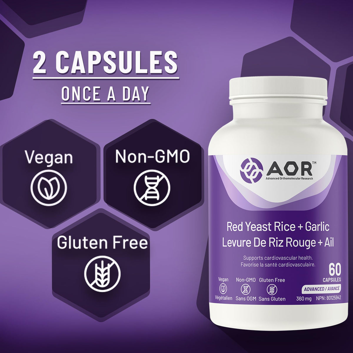 AOR Red Yeast Rice, Garlic Extract, Cholesterol, Heart Health, 60 Capsules