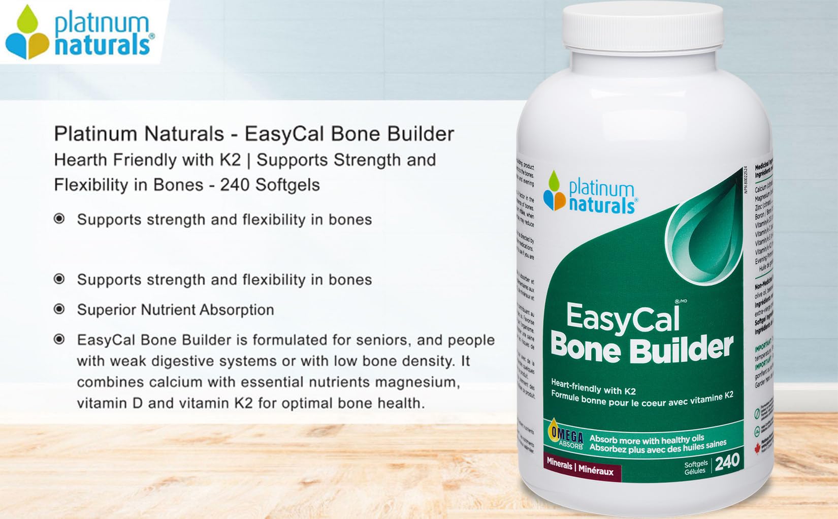 Platinum Naturals - EasyCal Bone Builder | Bon pour le cœur avec K2 | Favorise la force et la souplesse des os
