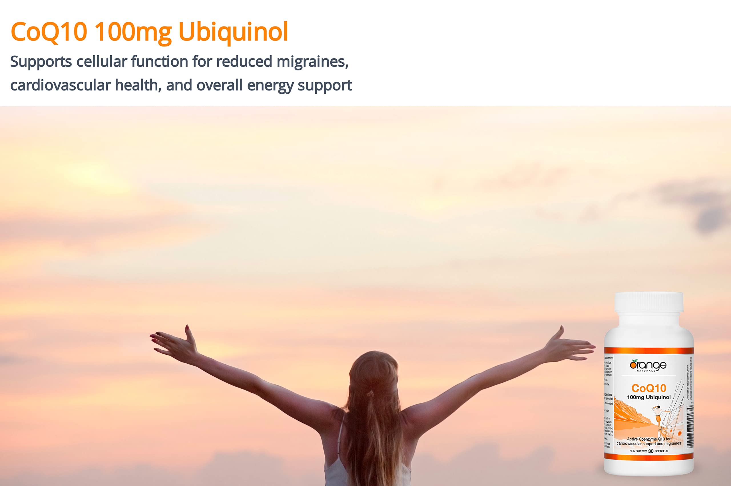 Orange Naturals - CoQ10 Ubiquinol, 30 gélules (30 jours d'approvisionnement) - Kaneka Ubiquinol CoQ10 100mg - Coenzyme Q10 pour la santé cardiovasculaire et le soulagement des maux de tête et des migraines - Soulagement des nausées et vomissements