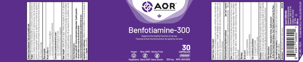 AOR Benfotiamine-300, 30 Capsules, Vitamin B1, Vegan, Gluten Free, Unflavoured, Metabolism Improvement, One a Day