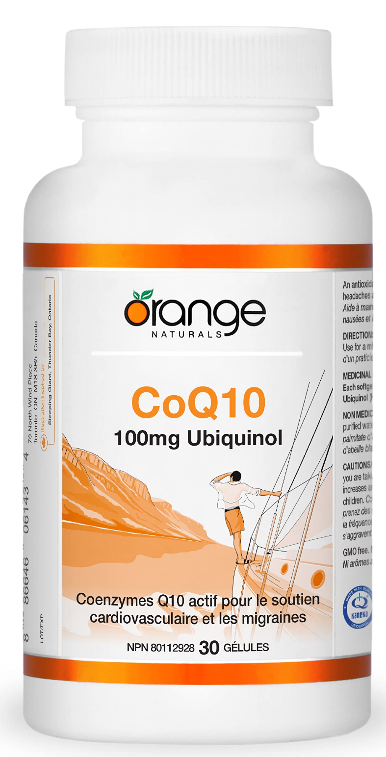 Orange Naturals - CoQ10 Ubiquinol, 30 gélules (30 jours d'approvisionnement) - Kaneka Ubiquinol CoQ10 100mg - Coenzyme Q10 pour la santé cardiovasculaire et le soulagement des maux de tête et des migraines - Soulagement des nausées et vomissements