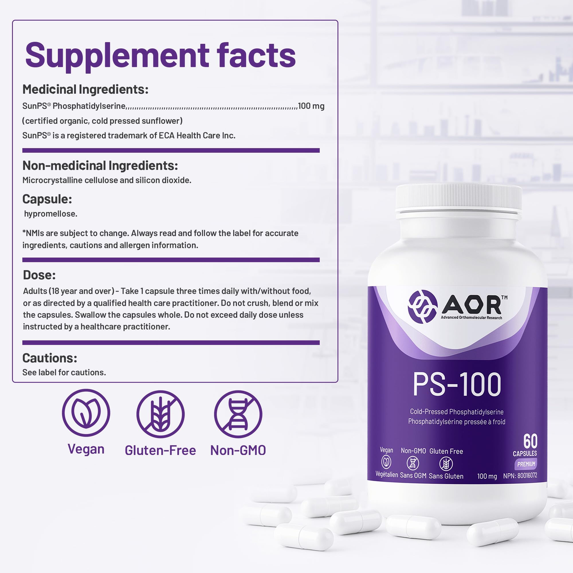 AOR - PS-100 Phosphatidylserine 100mg, 60 gélules - Supplément de phosphatidylsérine pour la santé de la mémoire, suppléments de concentration et supplément cognitif - Suppléments de soutien cérébral pour la mémoire et la concentration