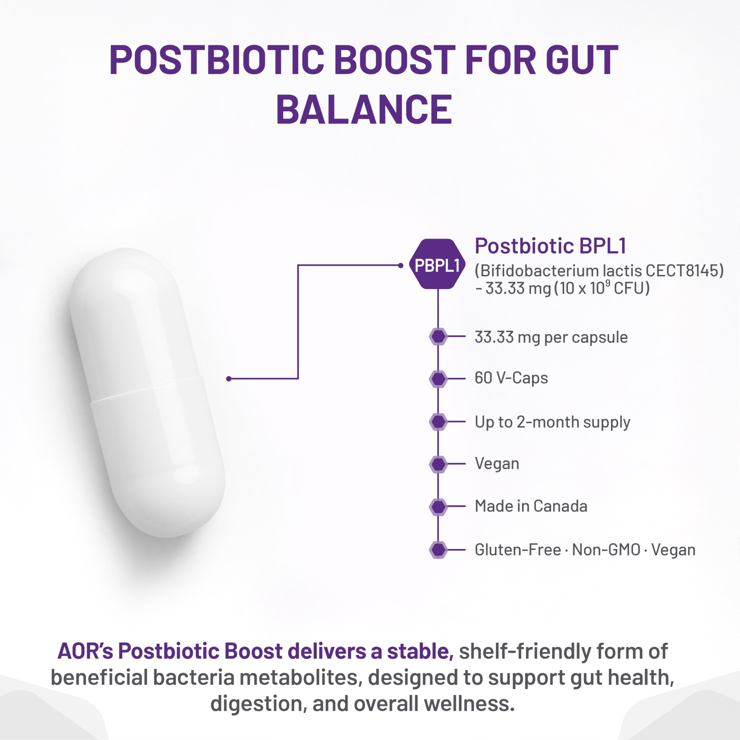 AOR Postbiotic Boost 60 gélules, 60 jours d'approvisionnement - Formule postbiotique avancée avec BPL1, favorise un mode de vie équilibré, contient du Bifidobacterium lactis CECT8145, soutient le confort digestif, végétalien, sans OGM