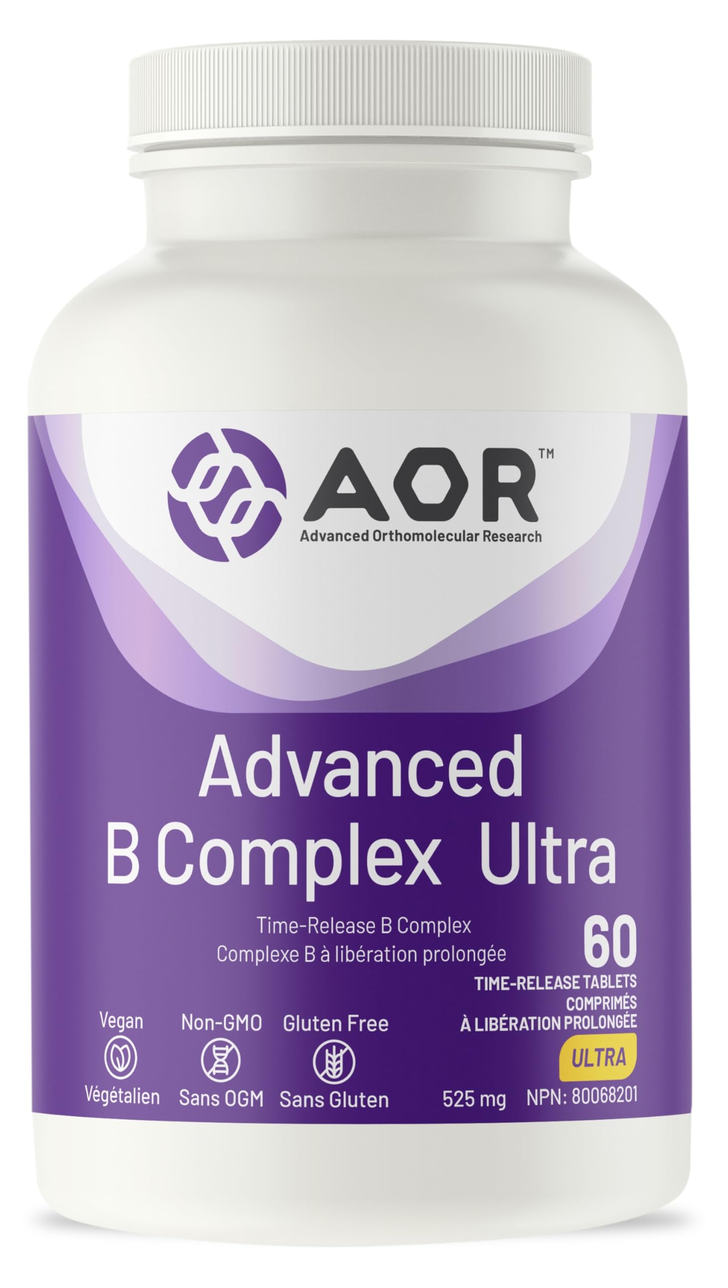 AOR Advanced B Complex Ultra 525mg, 60 comprimés végétaliens, 60 jours d'approvisionnement - Acide folique à libération prolongée, choline, B1, B2, B3, B5, B6, B12 (méthylcobalamine) et inositol - Favorise l'énergie, la concentration et la clarté mentale