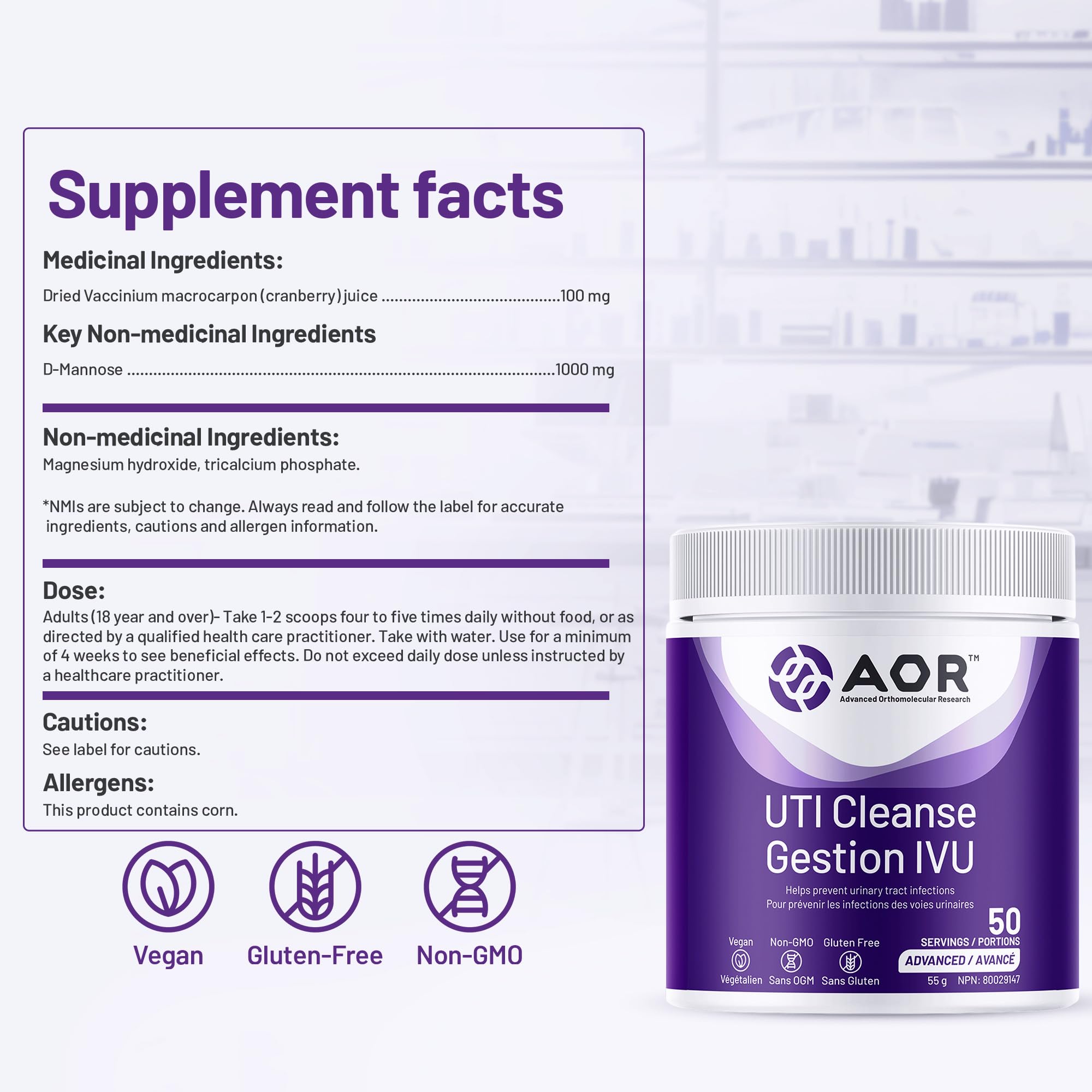 AOR - UTI Cleanse, 120 comprimés - Jus de canneberge avec supplément de D-Mannose - D-Mannose pour la santé des voies urinaires - Extrait de jus de canneberge séchée Vaccinium Macrocarpon