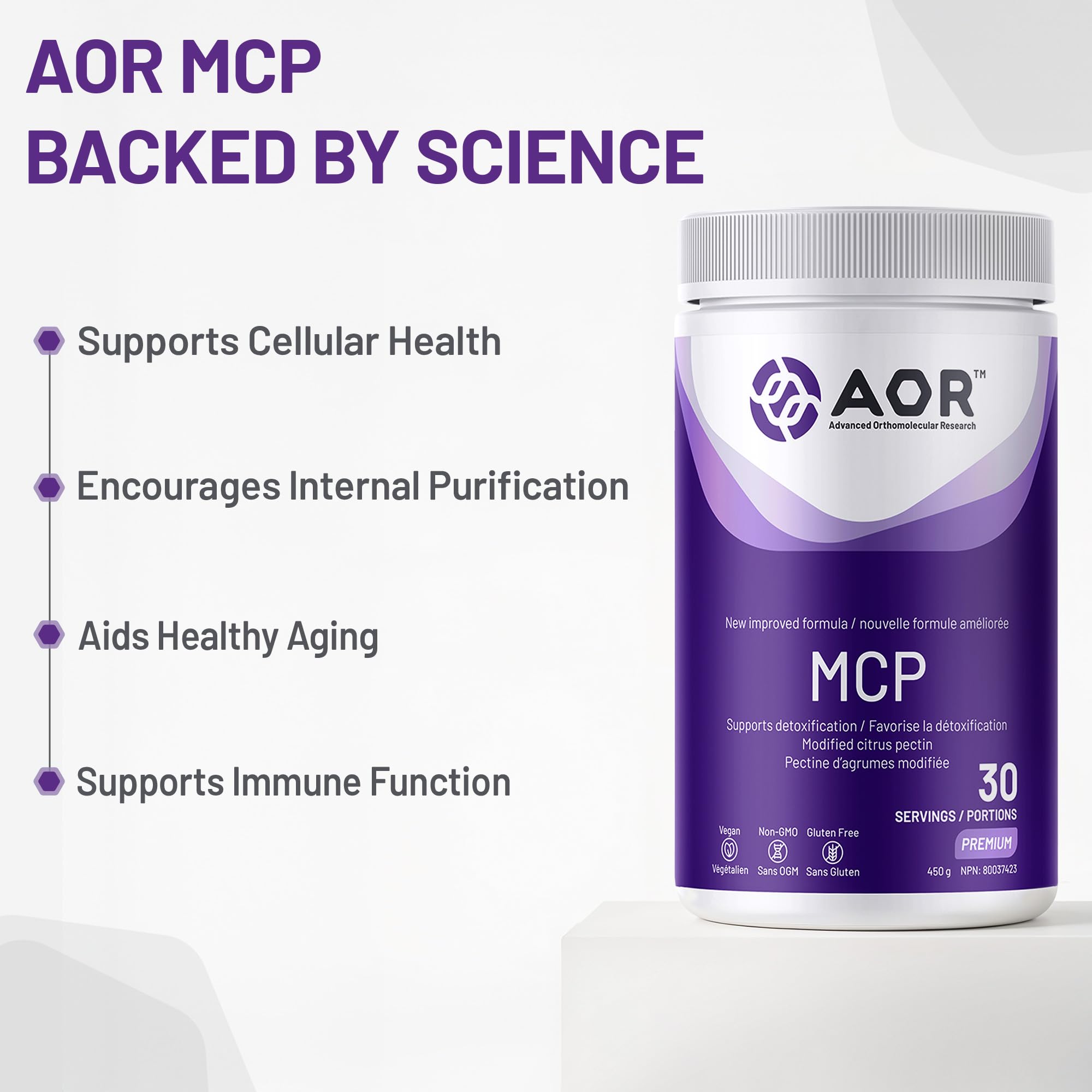 AOR MCP Poudre de pectine de citron modifiée 450 g, 30 portions – Aide à soutenir la détoxification – Soutient la fonction cellulaire, goût doux, excellente pour la santé digestive – Végétalien, sans OGM et sans gluten