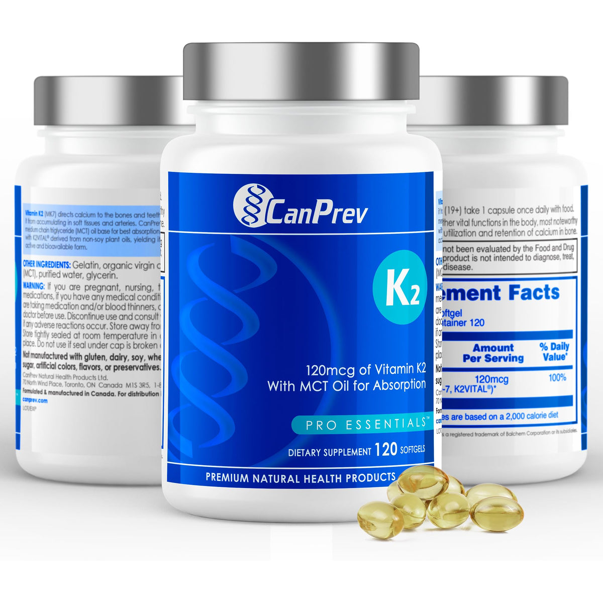 CanPrev K2 MK7 Softgels, 120 mcg, Coconut Oil, 120 Softgels, 120 Day Supply