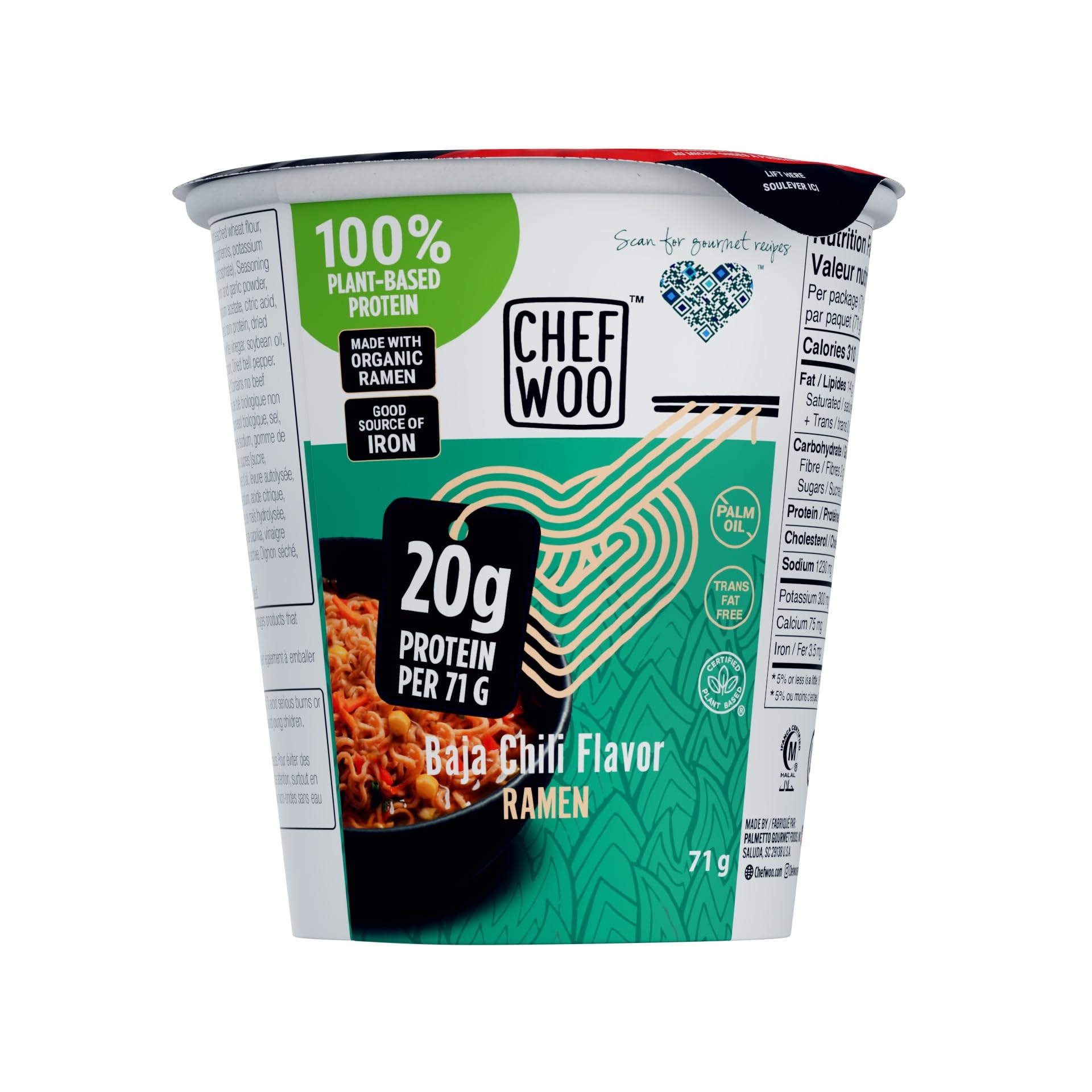 CHEF WOO BAJA CHILI RAMEN NOODLES (Pack of 12) | Made with Organic Ramen Noodles | Plant Based Protein | Certified Vegetarian, Vegan, Kosher, Halal | Made with better for you ingredients| Amazing flavour
