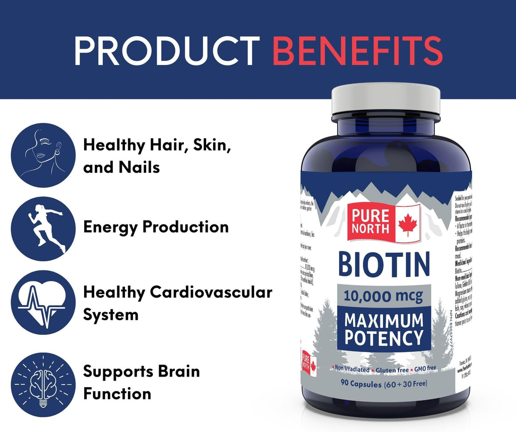 Pure North Naturals Biotin 10,000 mcg 90 Caps 90-Day Supply for Vibrant Growth & Radiance - Vegan, Non-GMO & Gluten-Free - Healthy Hair, Skin & Nails - Supports Brain Function & Cardiovascular System